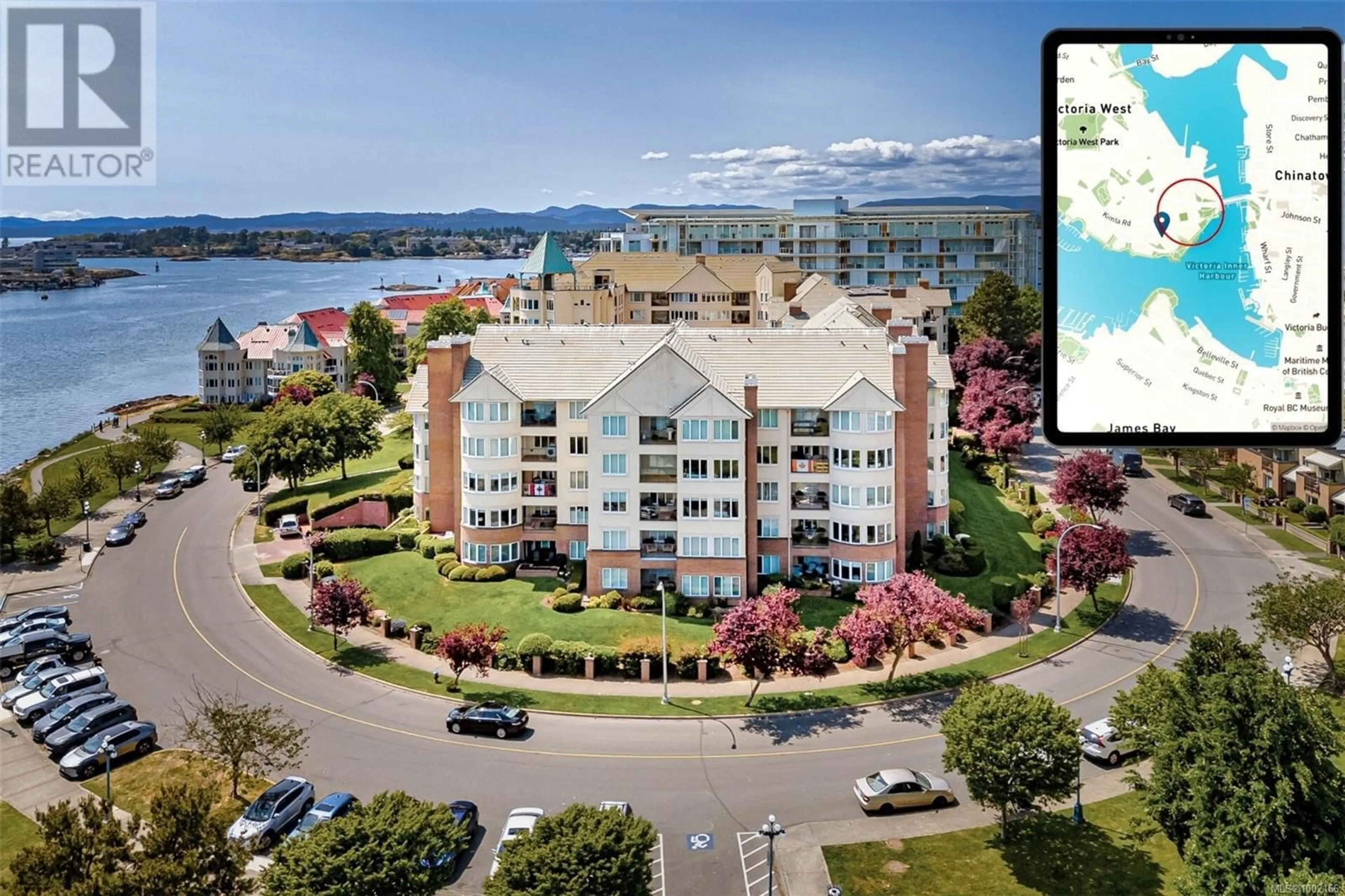 A pic from outside/outdoor area/front of a property/back of a property/a pic from drone, water/lake/river/ocean view for 516 - 50 SONGHEES ROAD, Victoria British Columbia V9A7J4