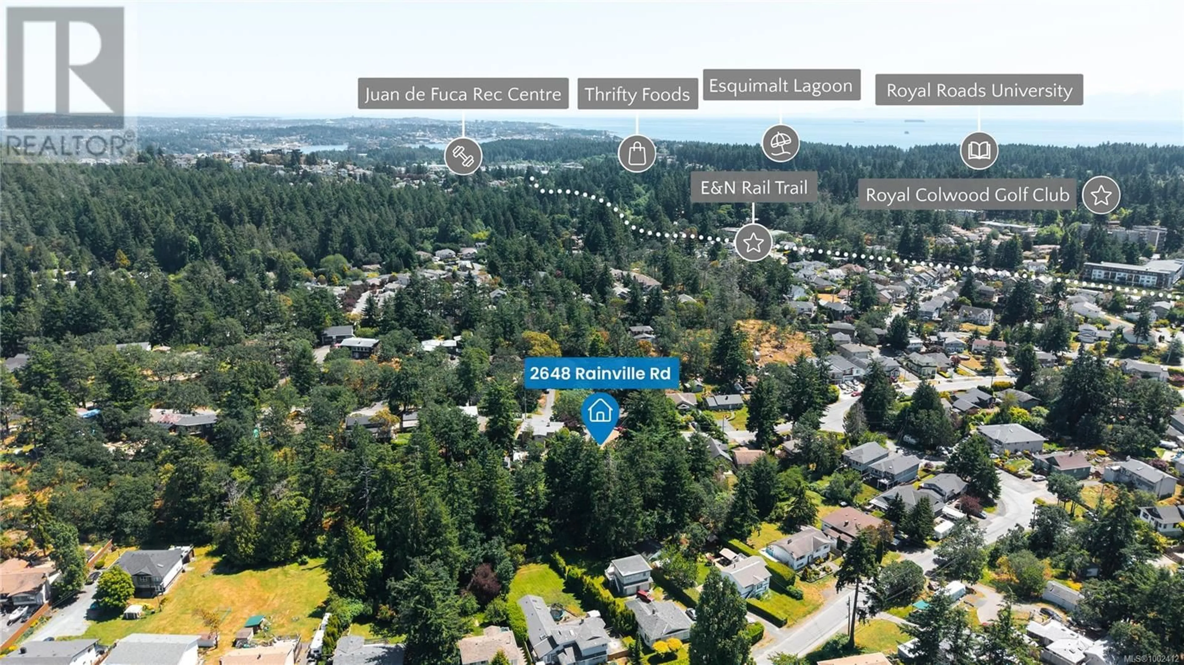 A pic from outside/outdoor area/front of a property/back of a property/a pic from drone, water/lake/river/ocean view for 2648 RAINVILLE ROAD, Langford British Columbia V9B3N1