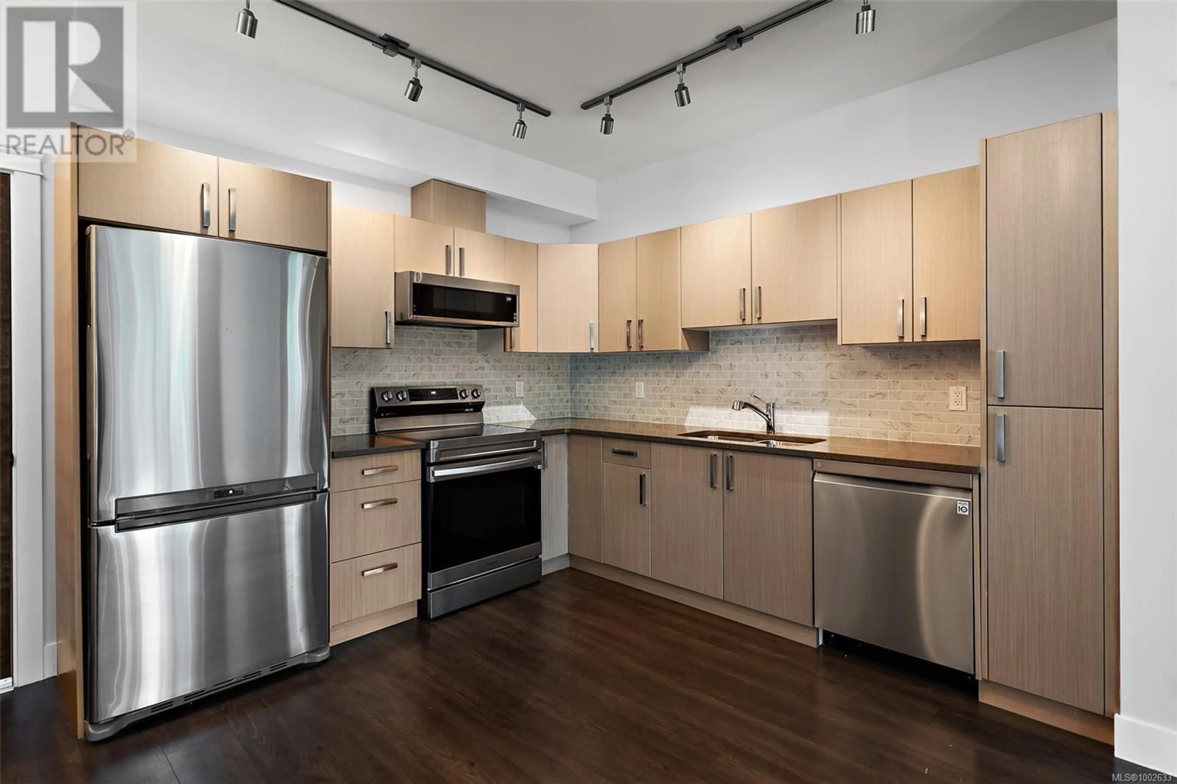 Standard kitchen, wood/laminate floor for 205 - 1900 WATKISS WAY, View Royal British Columbia V9B0S8