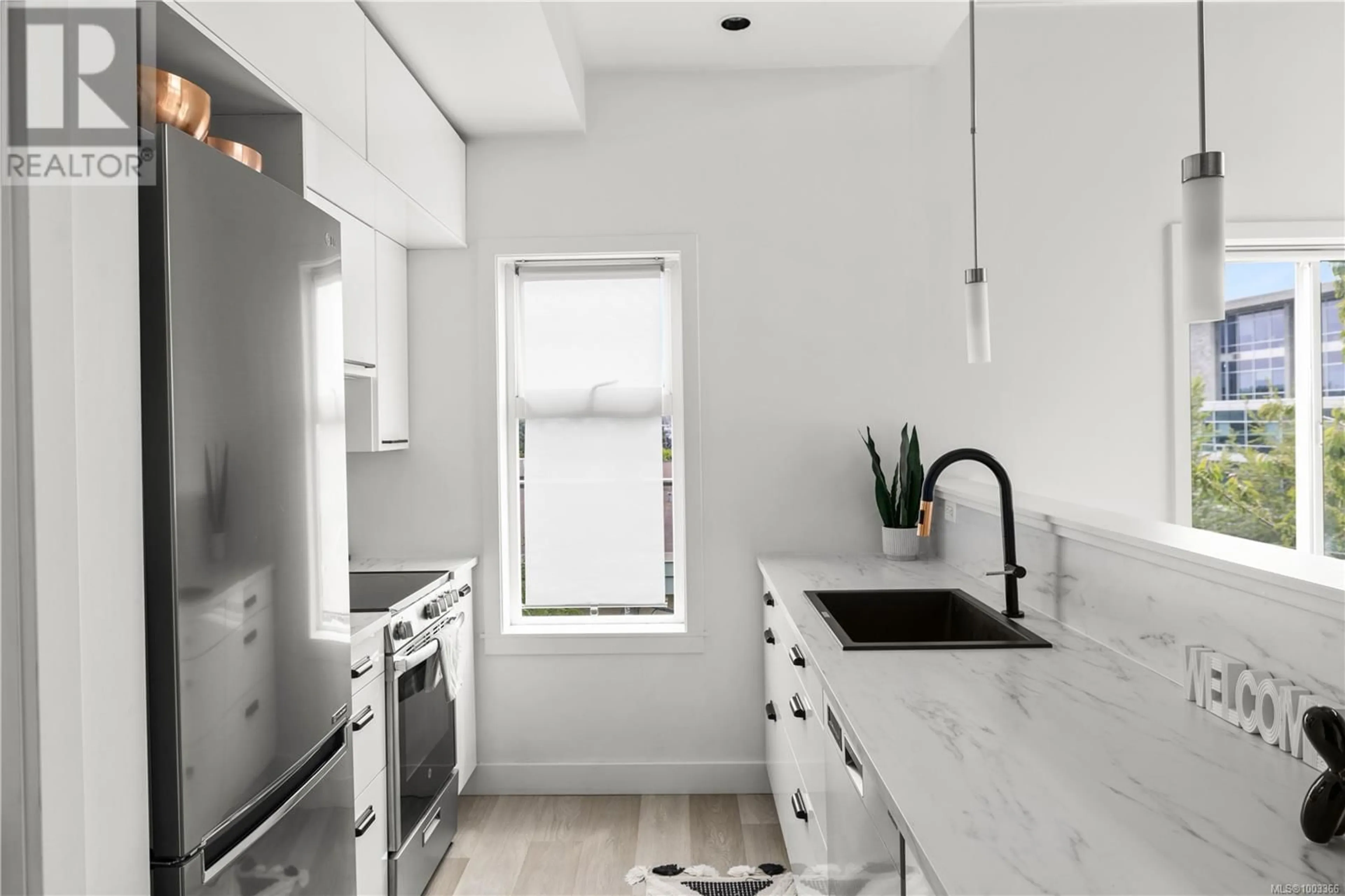 Contemporary kitchen, ceramic/tile floor for 404 - 356 GORGE ROAD EAST, Victoria British Columbia V8T2W2