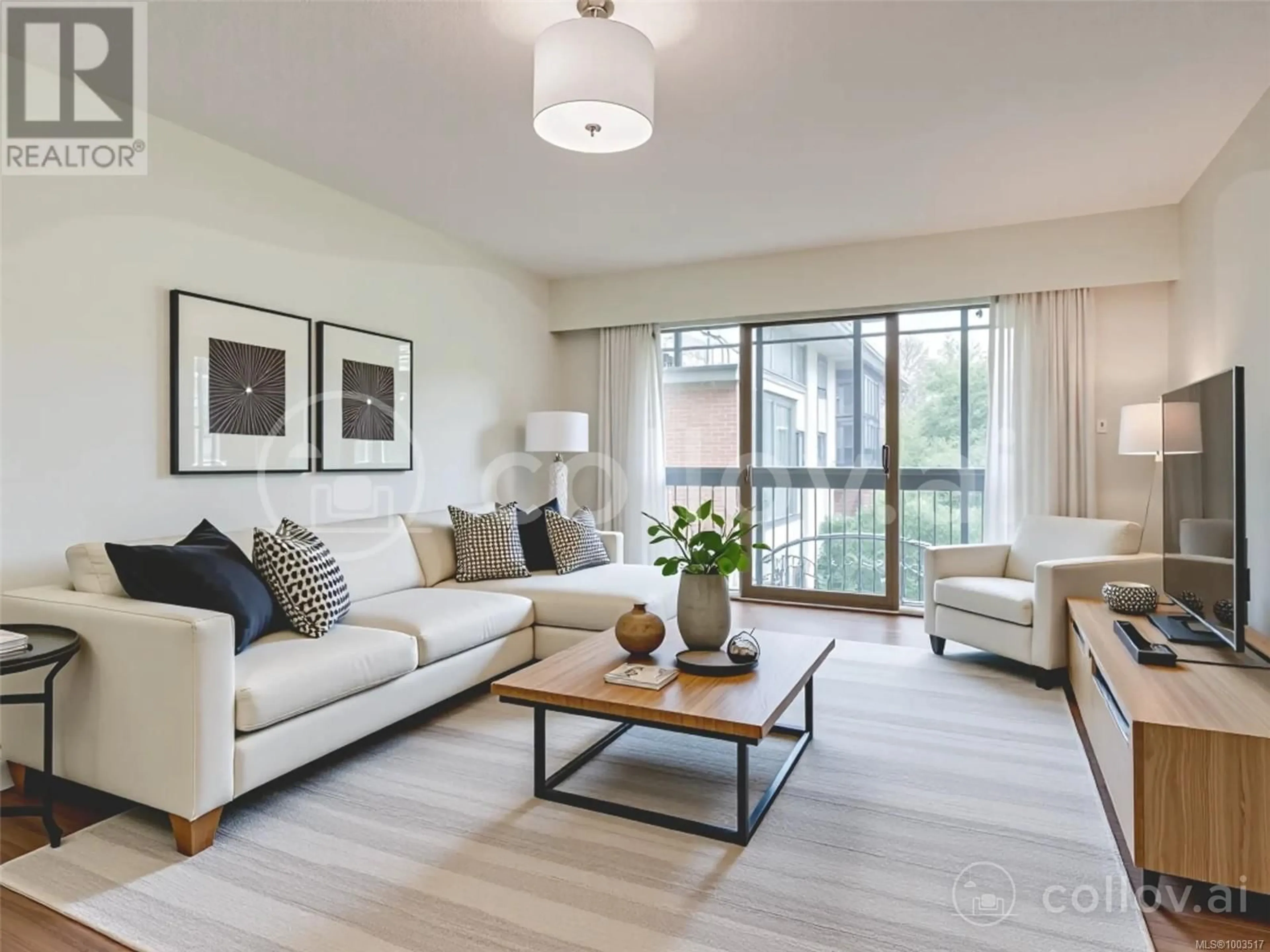 Living room with furniture, wood/laminate floor for 319 - 1005 MCKENZIE AVENUE, Saanich British Columbia V8X4A9