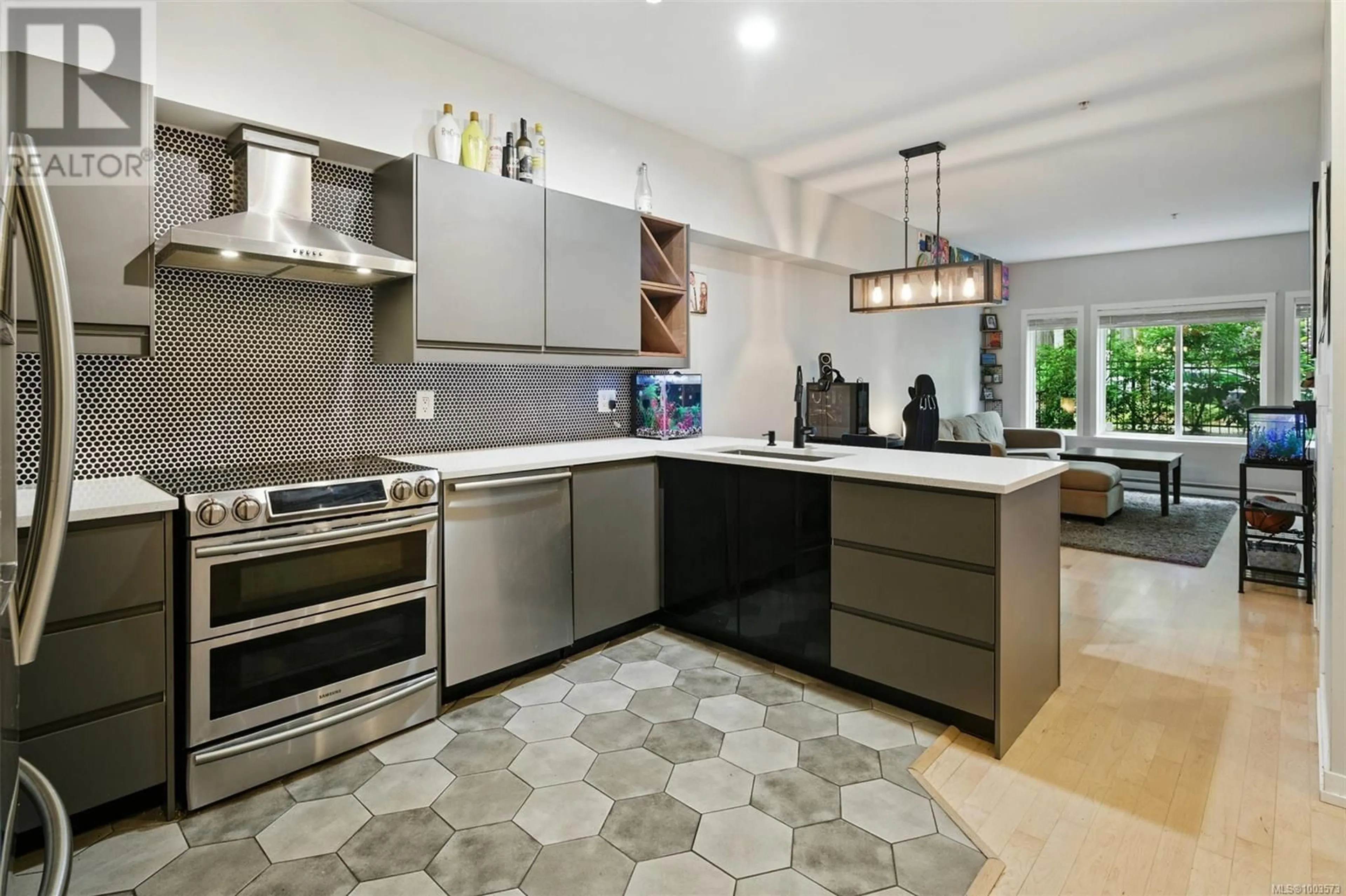Contemporary kitchen, ceramic/tile floor for 107 - 360 GOLDSTREAM AVENUE, Colwood British Columbia V9B2W3