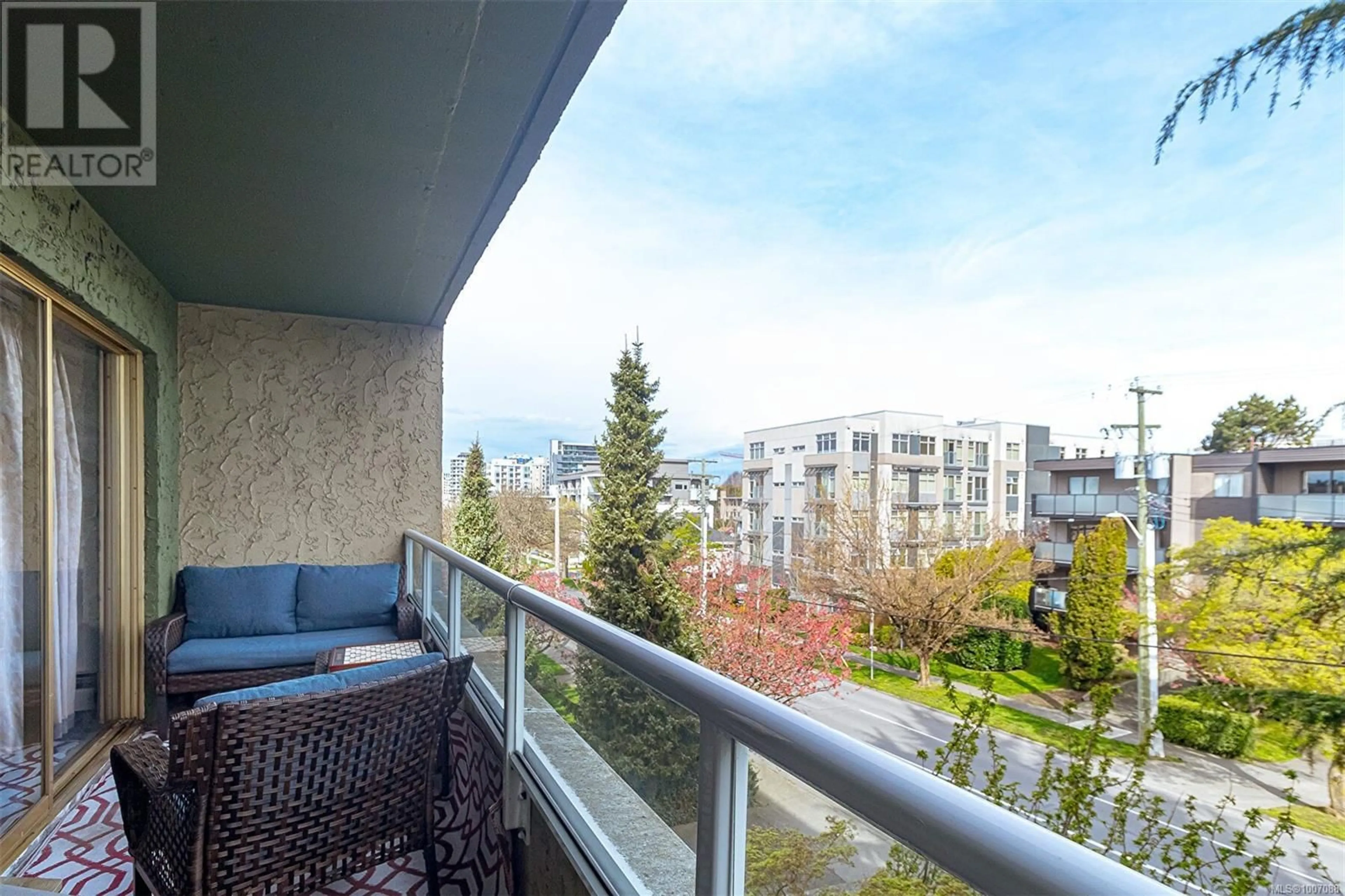 Balcony in the apartment, city buildings view from balcony for 301 - 1235 JOHNSON STREET, Victoria British Columbia V8V3N9