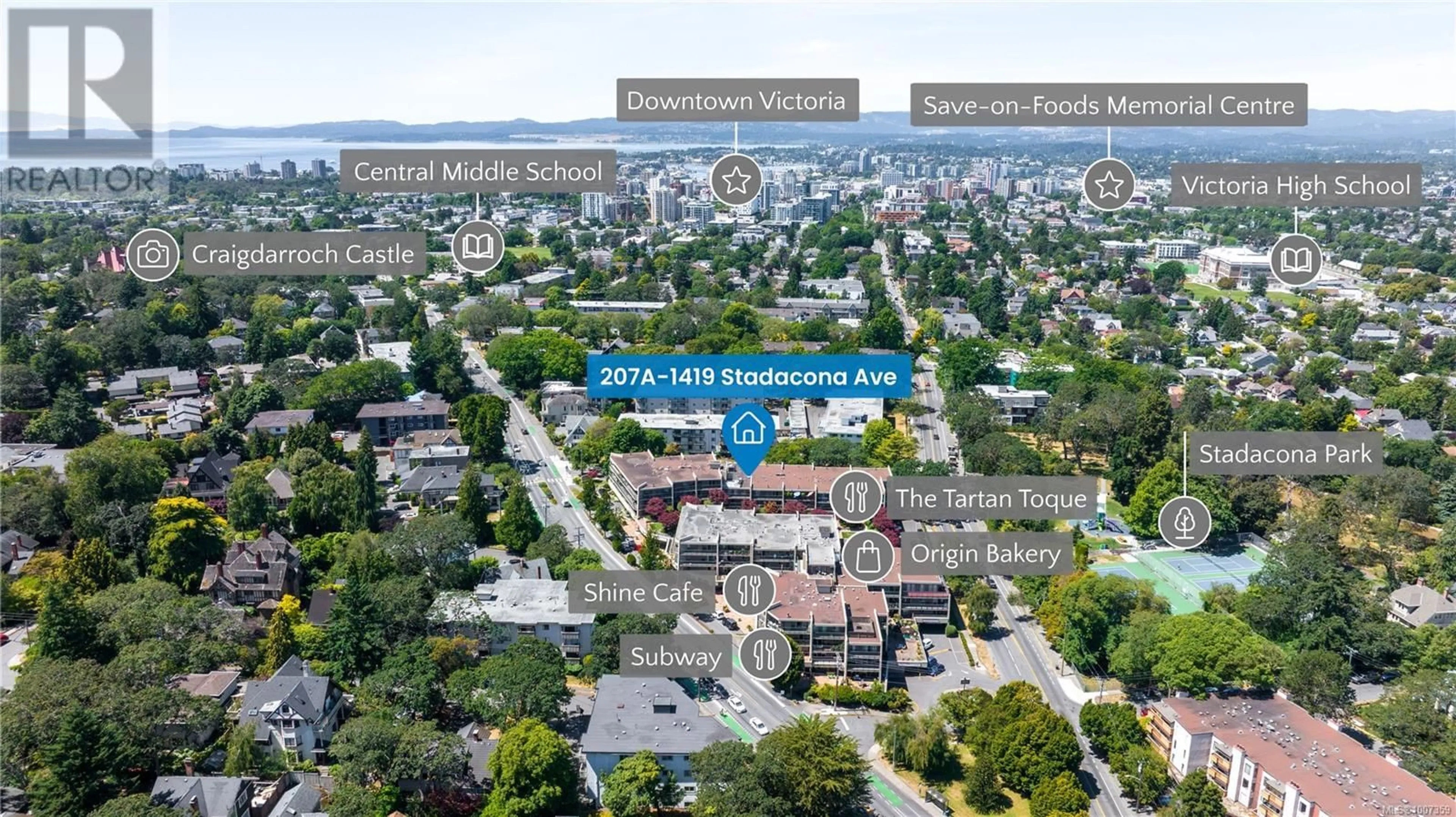 A pic from outside/outdoor area/front of a property/back of a property/a pic from drone, street for 207 - 1419 STADACONA AVENUE, Victoria British Columbia V8S5J3