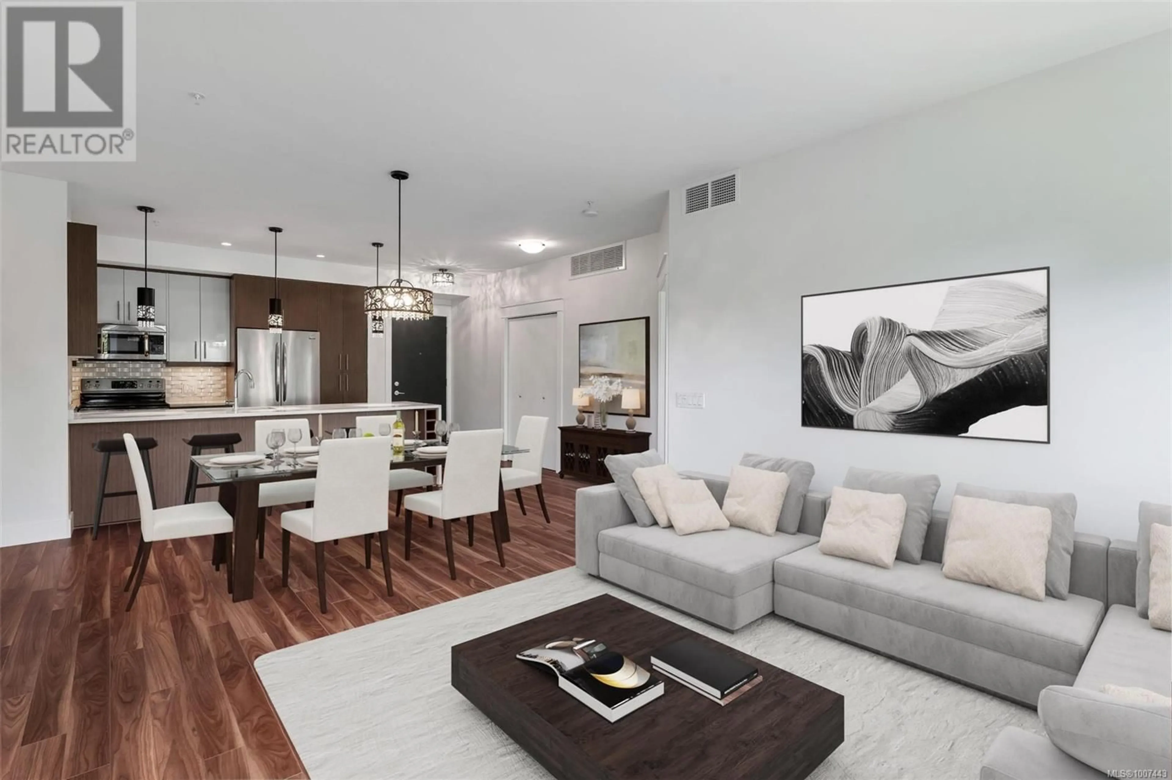 Living room with furniture, wood/laminate floor for 306 - 740 TRAVINO LANE, Saanich British Columbia V8Z0E2