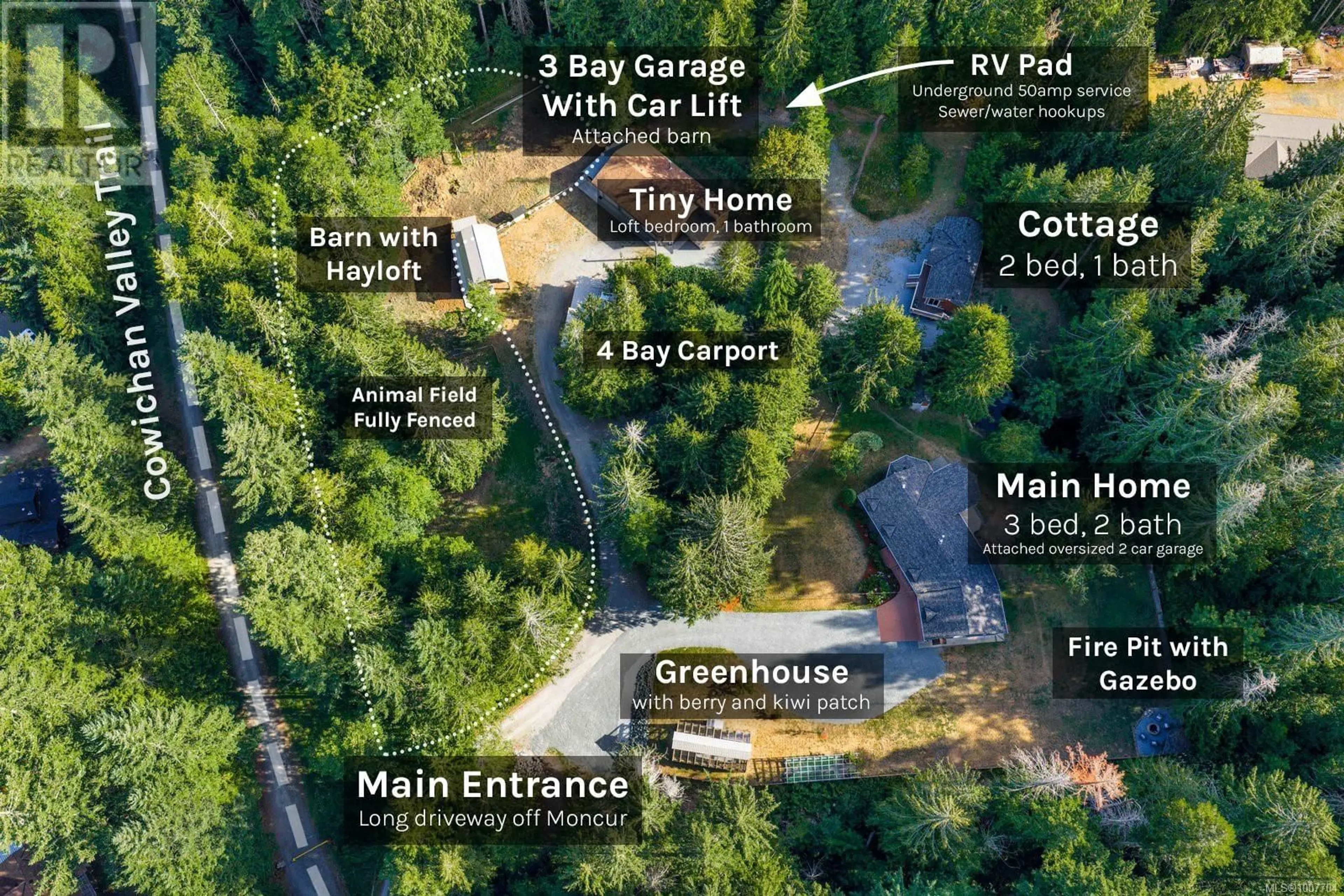 A pic from outside/outdoor area/front of a property/back of a property/a pic from drone, street for 2656 MONCUR ROAD, Shawnigan Lake British Columbia V0R2W3