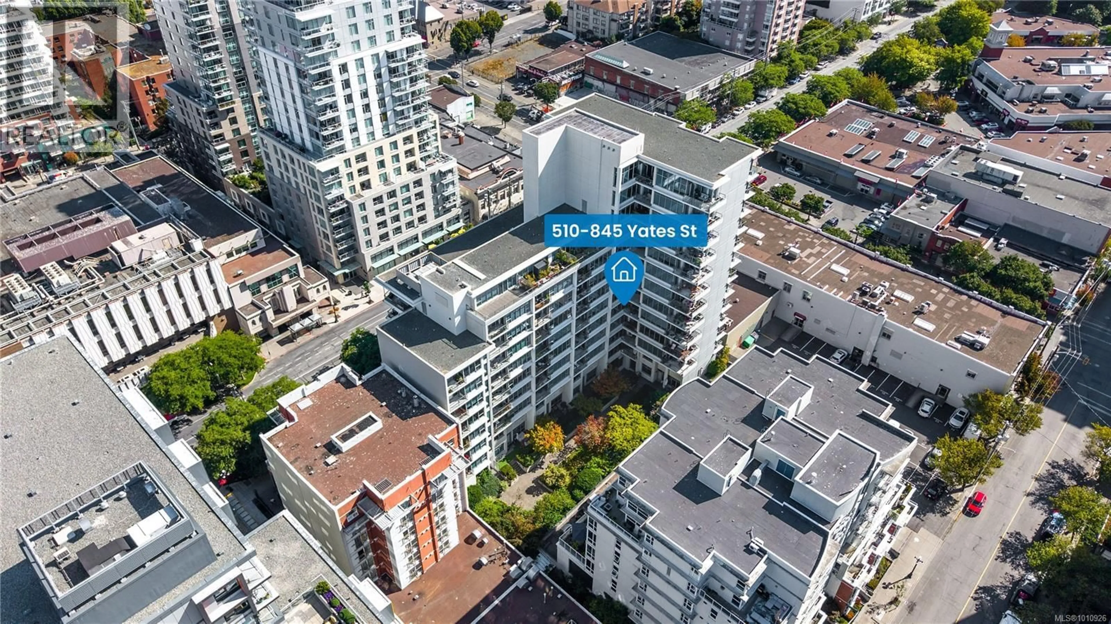 A pic from outside/outdoor area/front of a property/back of a property/a pic from drone, city buildings view from balcony for 510 - 845 YATES STREET, Victoria British Columbia V8W4A3