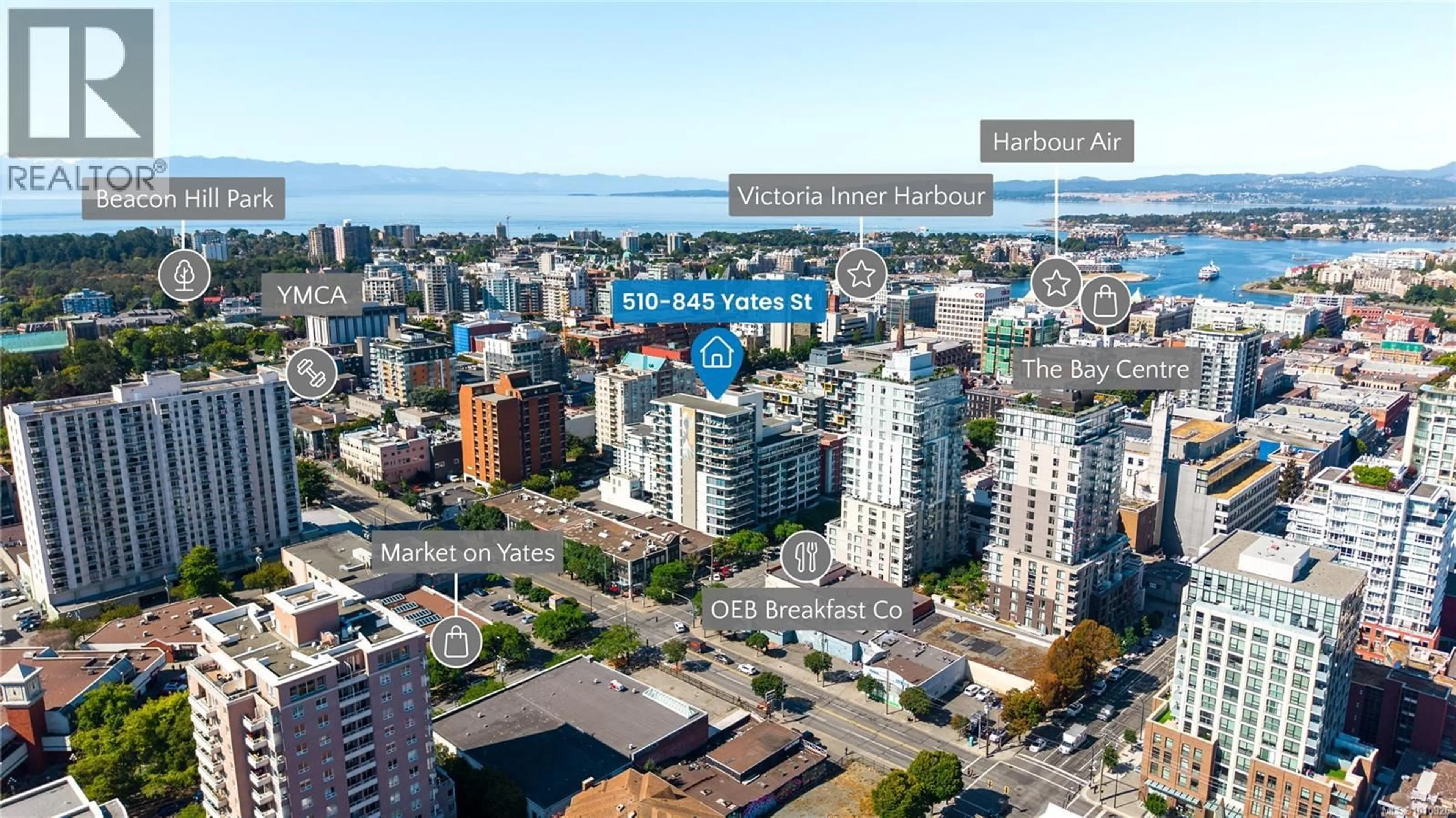 A pic from outside/outdoor area/front of a property/back of a property/a pic from drone, city buildings view from balcony for 510 - 845 YATES STREET, Victoria British Columbia V8W4A3