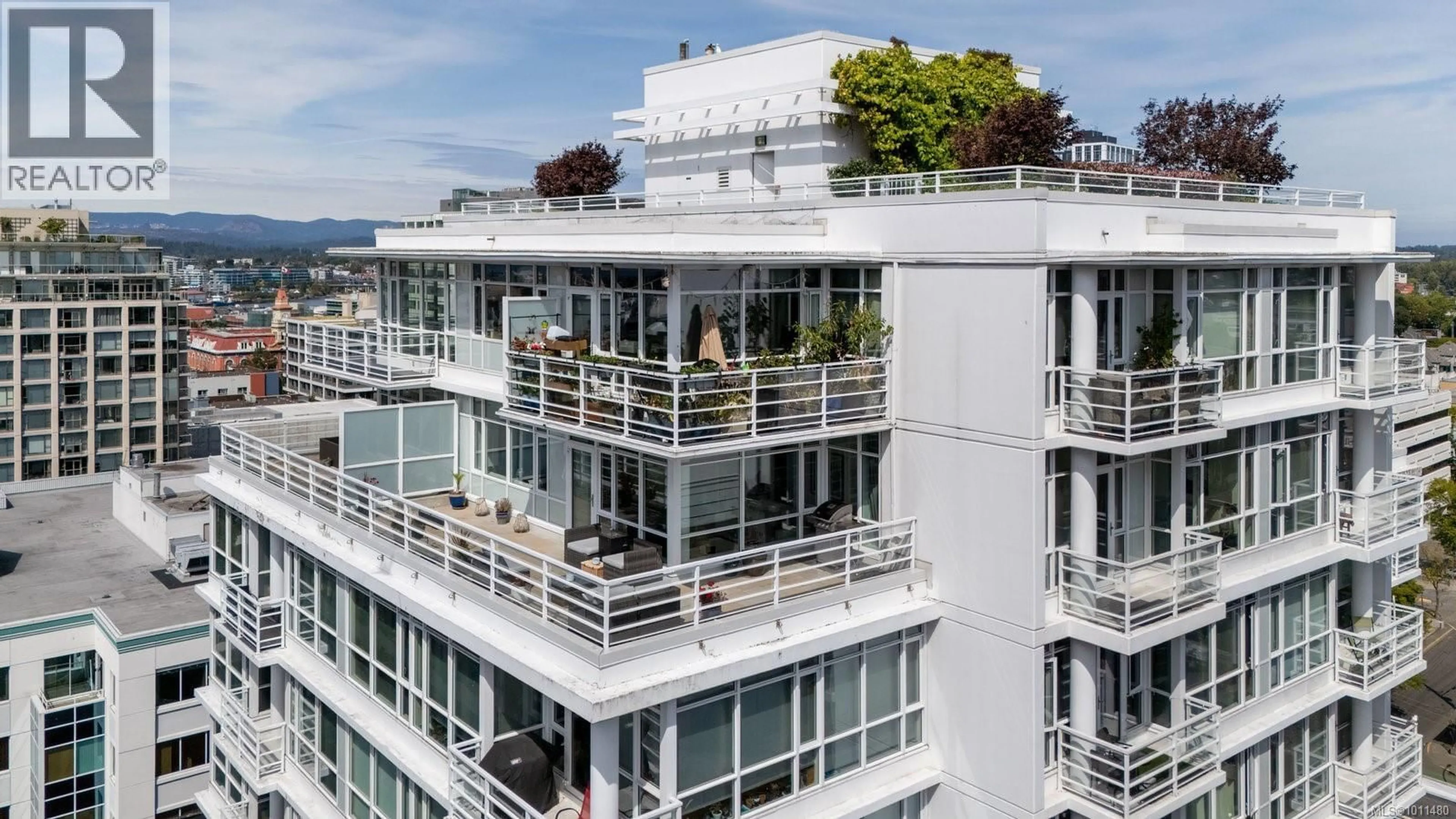 Balcony in the apartment, city buildings view from balcony for 1401 - 834 JOHNSON STREET, Victoria British Columbia V8W1N3
