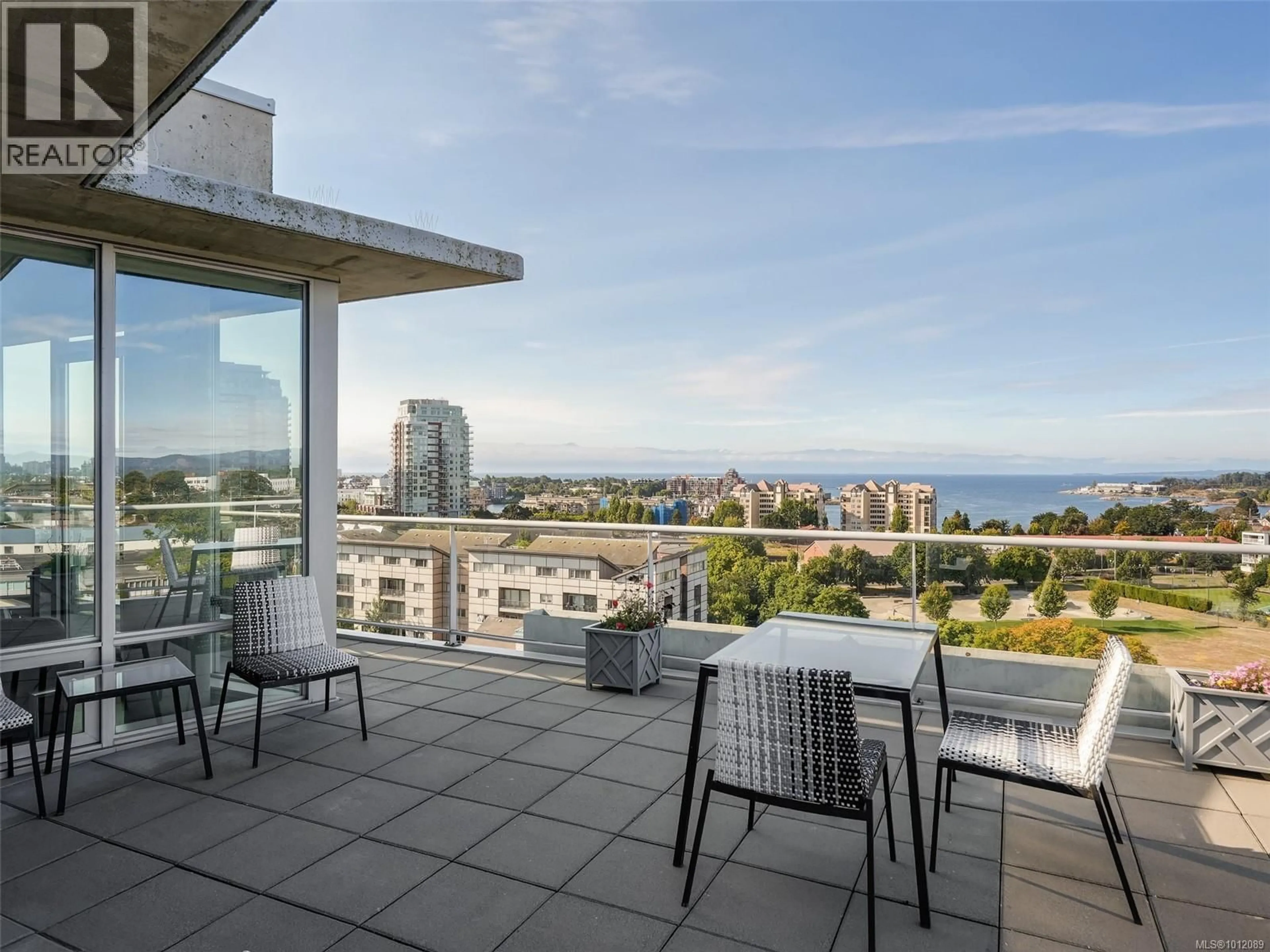 Patio, city buildings view from balcony for 1205 - 160 WILSON STREET, Victoria British Columbia V9A7P9