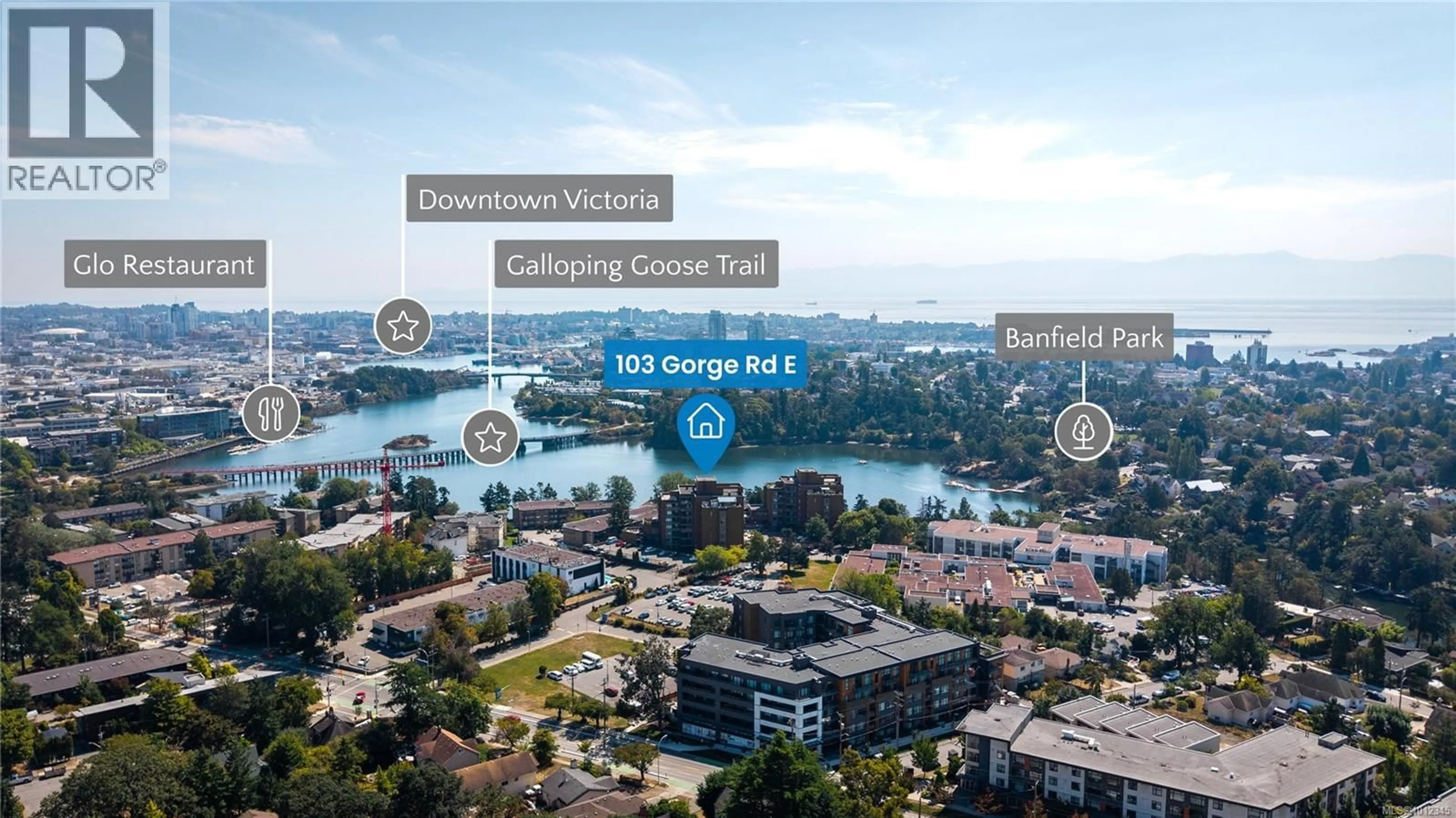 A pic from outside/outdoor area/front of a property/back of a property/a pic from drone, water/lake/river/ocean view for 108 - 103 GORGE ROAD EAST, Victoria British Columbia V9Z6Z2