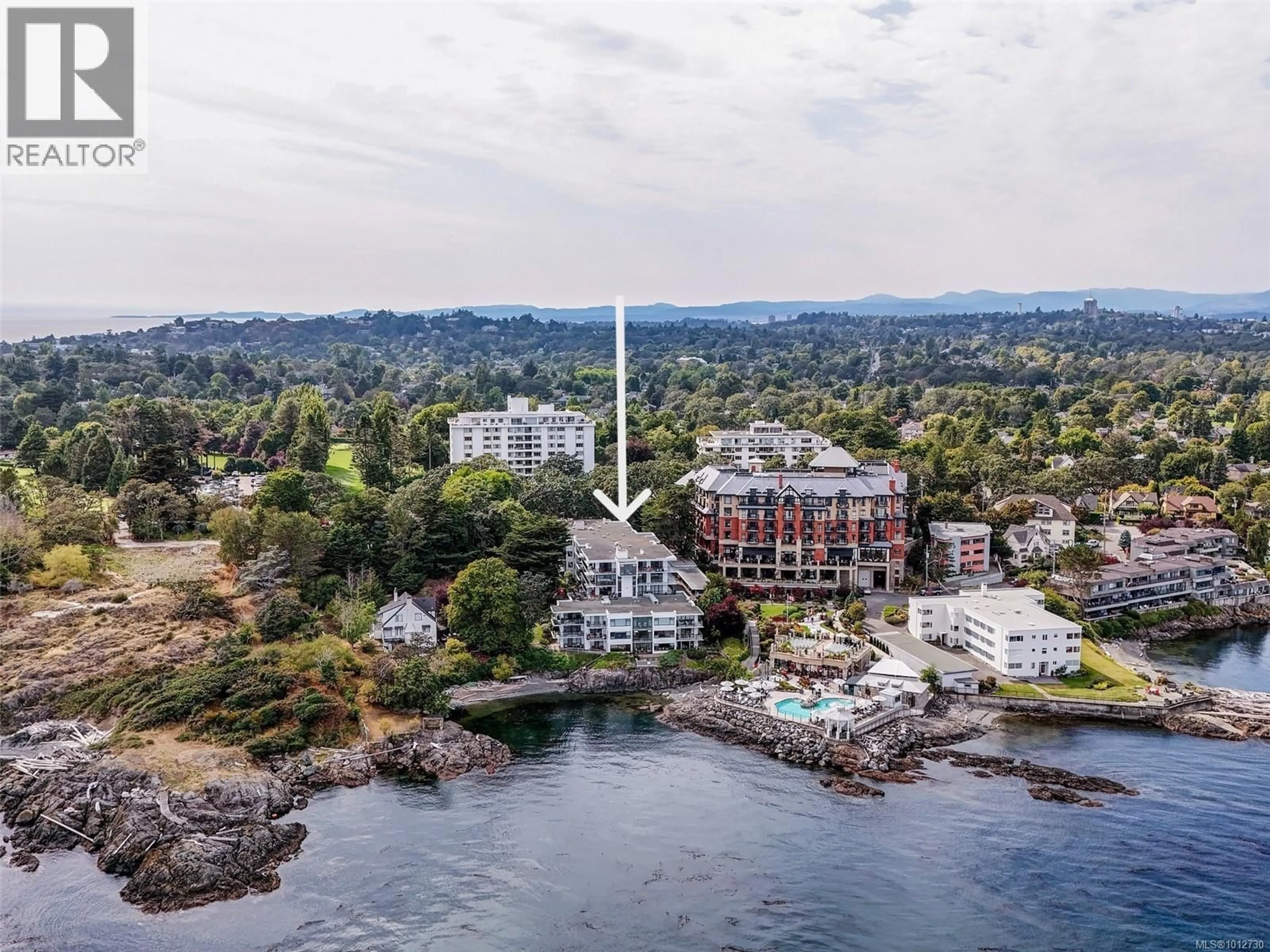 A pic from outside/outdoor area/front of a property/back of a property/a pic from drone, water/lake/river/ocean view for 608 - 1159 BEACH DRIVE, Oak Bay British Columbia V8S2N2
