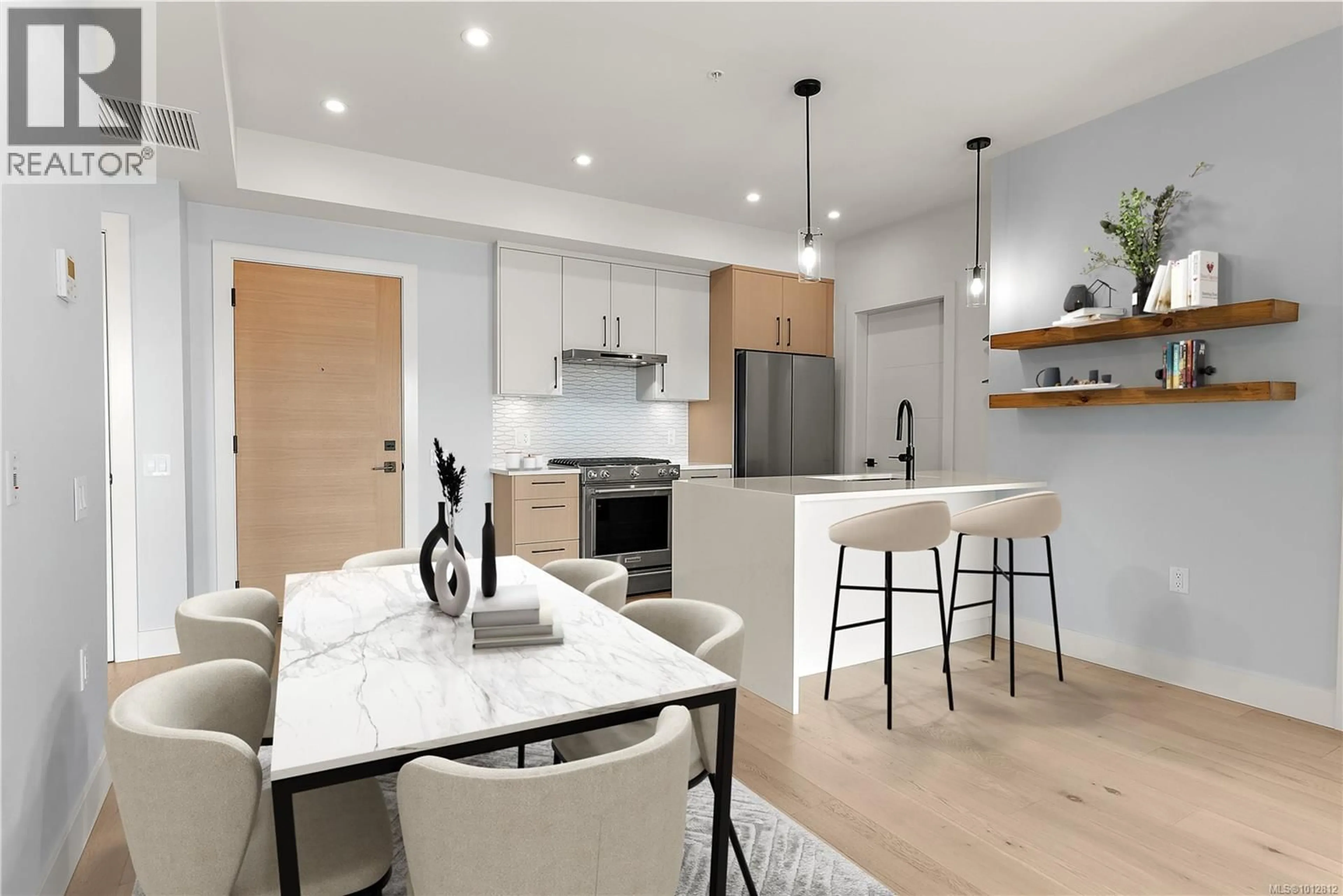 Open concept kitchen, wood/laminate floor for 202 - 9818 FOURTH STREET, Sidney British Columbia V8L1X4