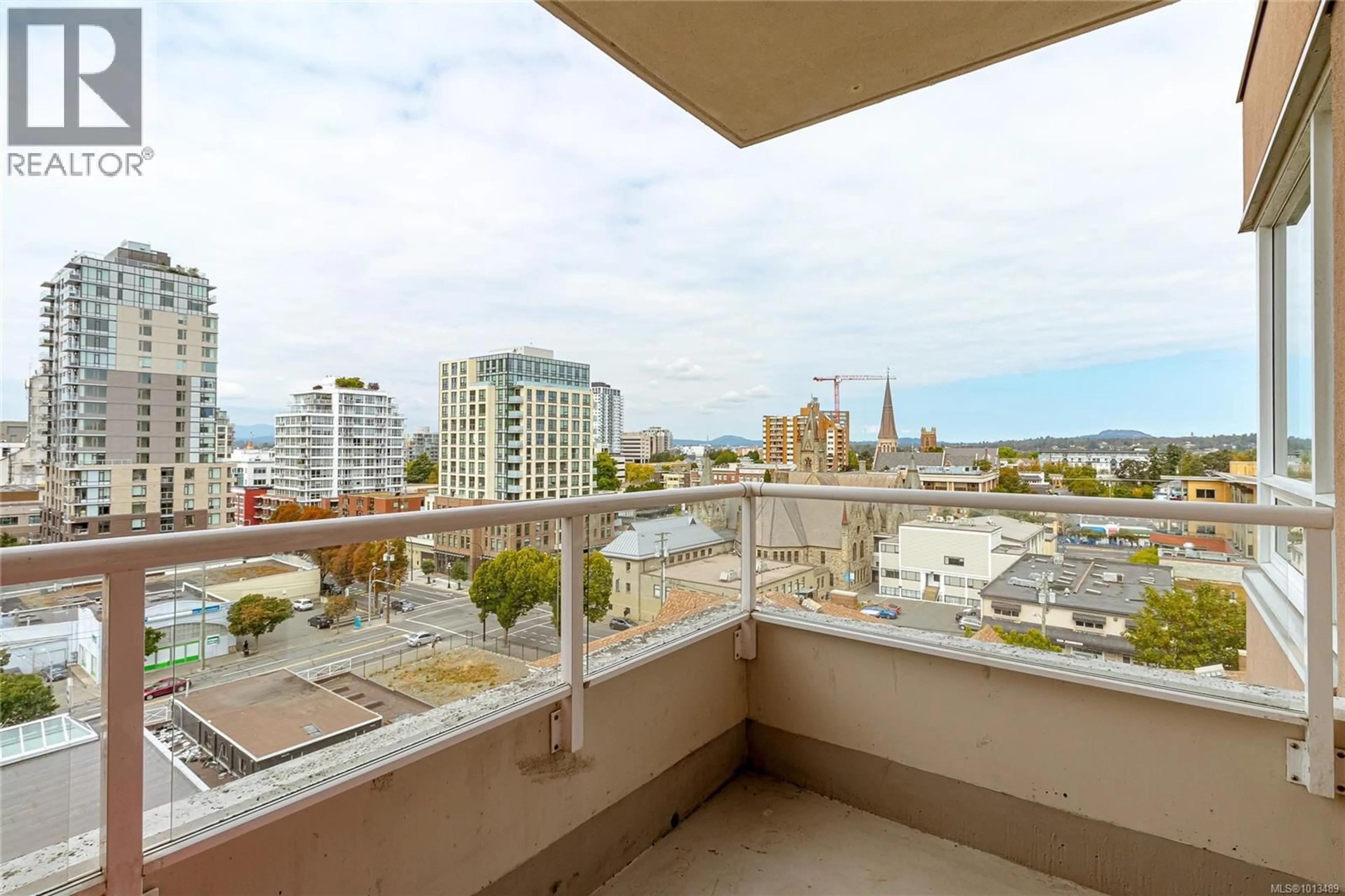 Balcony in the apartment, city buildings view from balcony for 1008 - 930 YATES STREET, Victoria British Columbia V8V4Z3