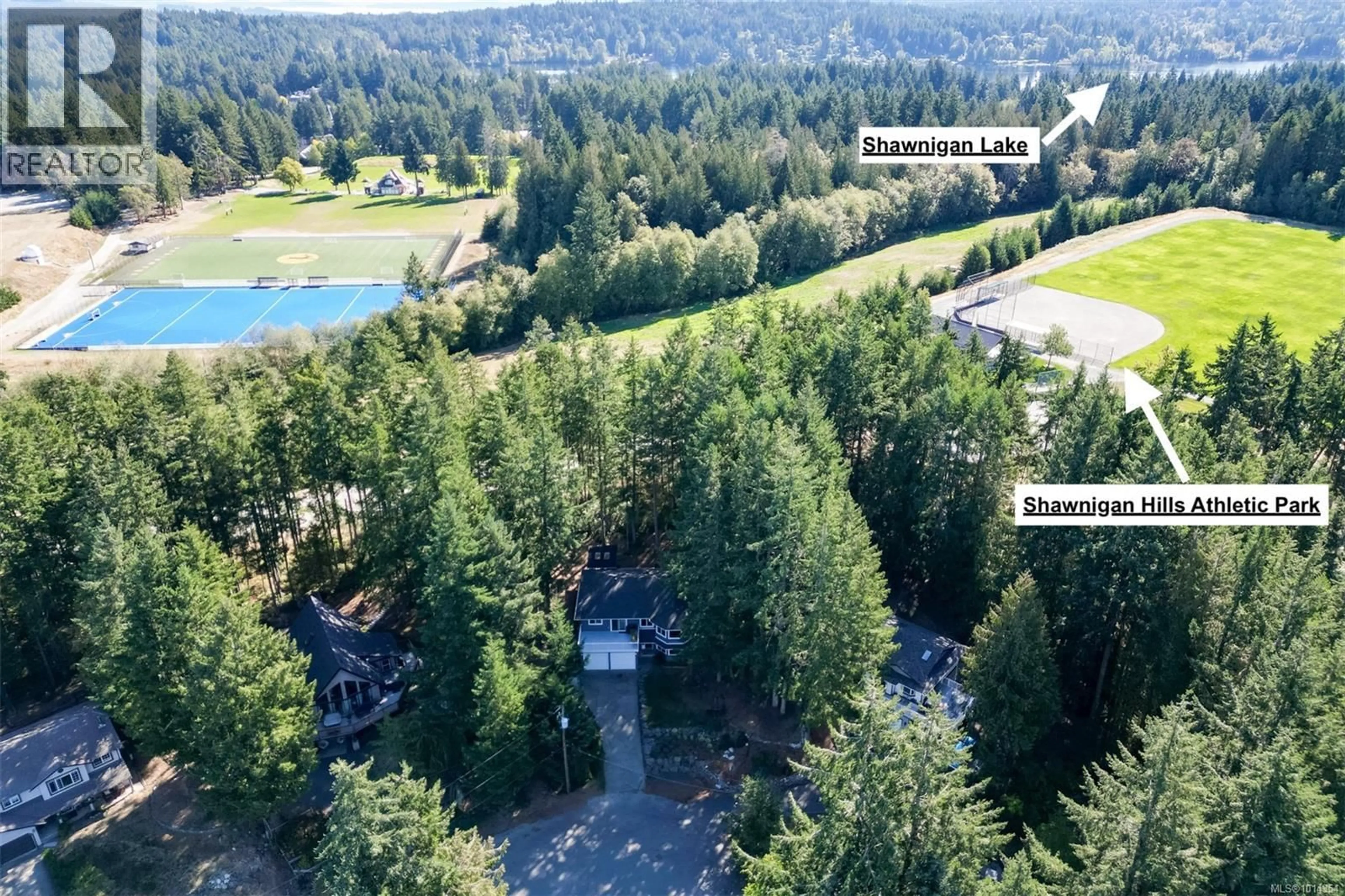 A pic from outside/outdoor area/front of a property/back of a property/a pic from drone, forest/trees view for 2177 COLLEGE PLACE, Shawnigan Lake British Columbia V8H2H5