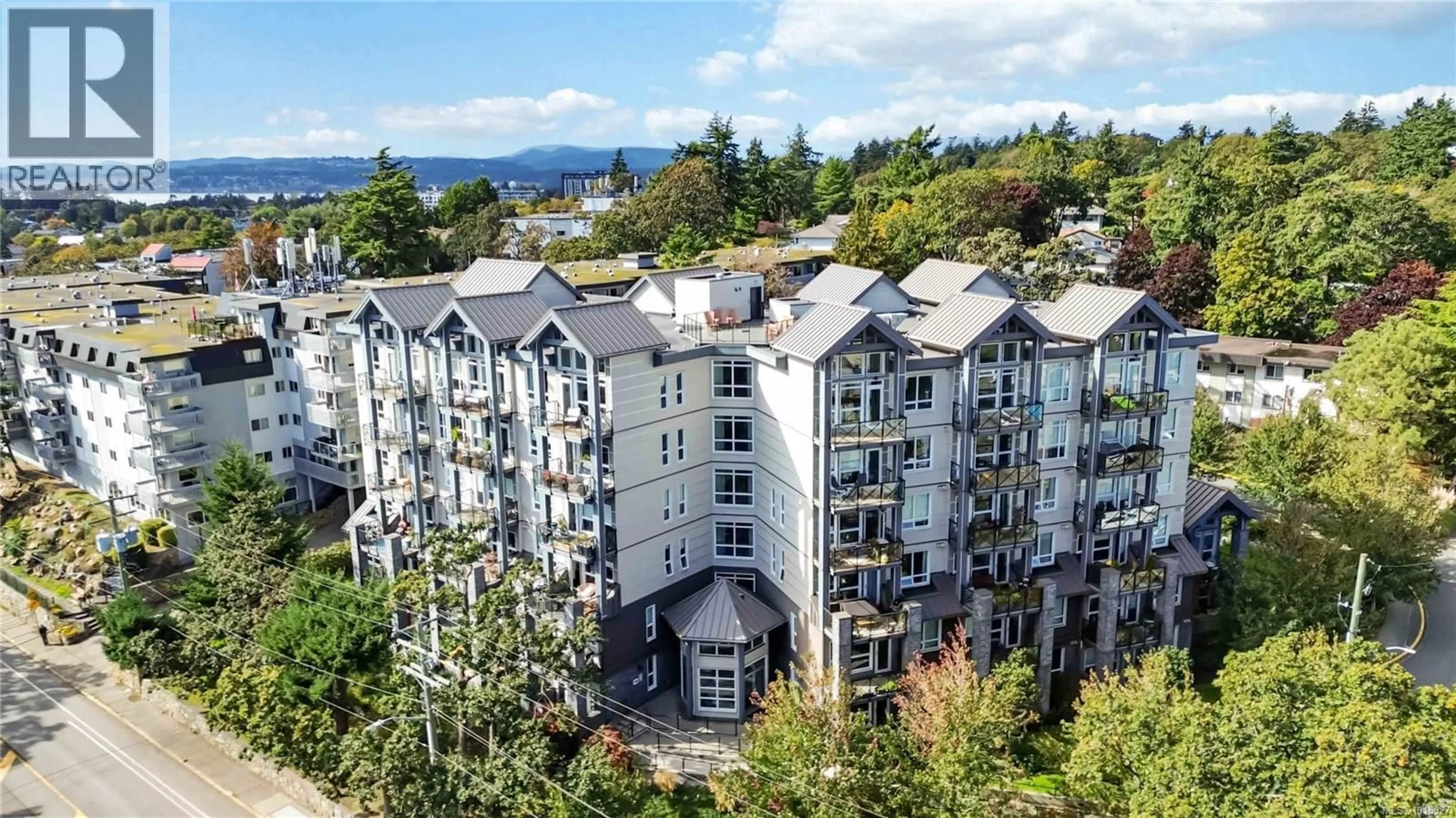 A pic from outside/outdoor area/front of a property/back of a property/a pic from drone, mountain view for 608 - 924 ESQUIMALT ROAD, Esquimalt British Columbia V9A3M8