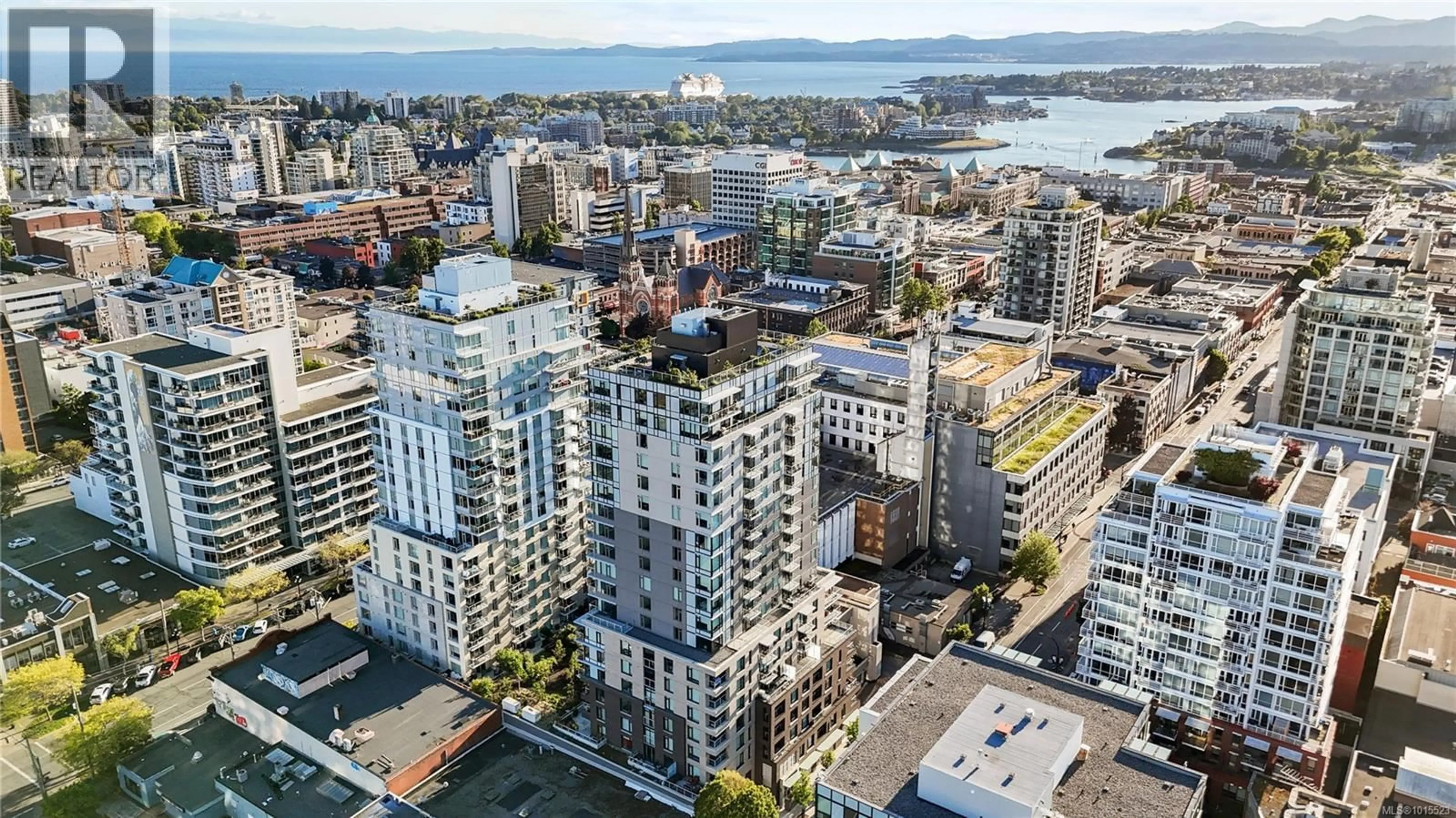 A pic from outside/outdoor area/front of a property/back of a property/a pic from drone, city buildings view from balcony for 1206 - 845 JOHNSON STREET, Victoria British Columbia V8W0G3