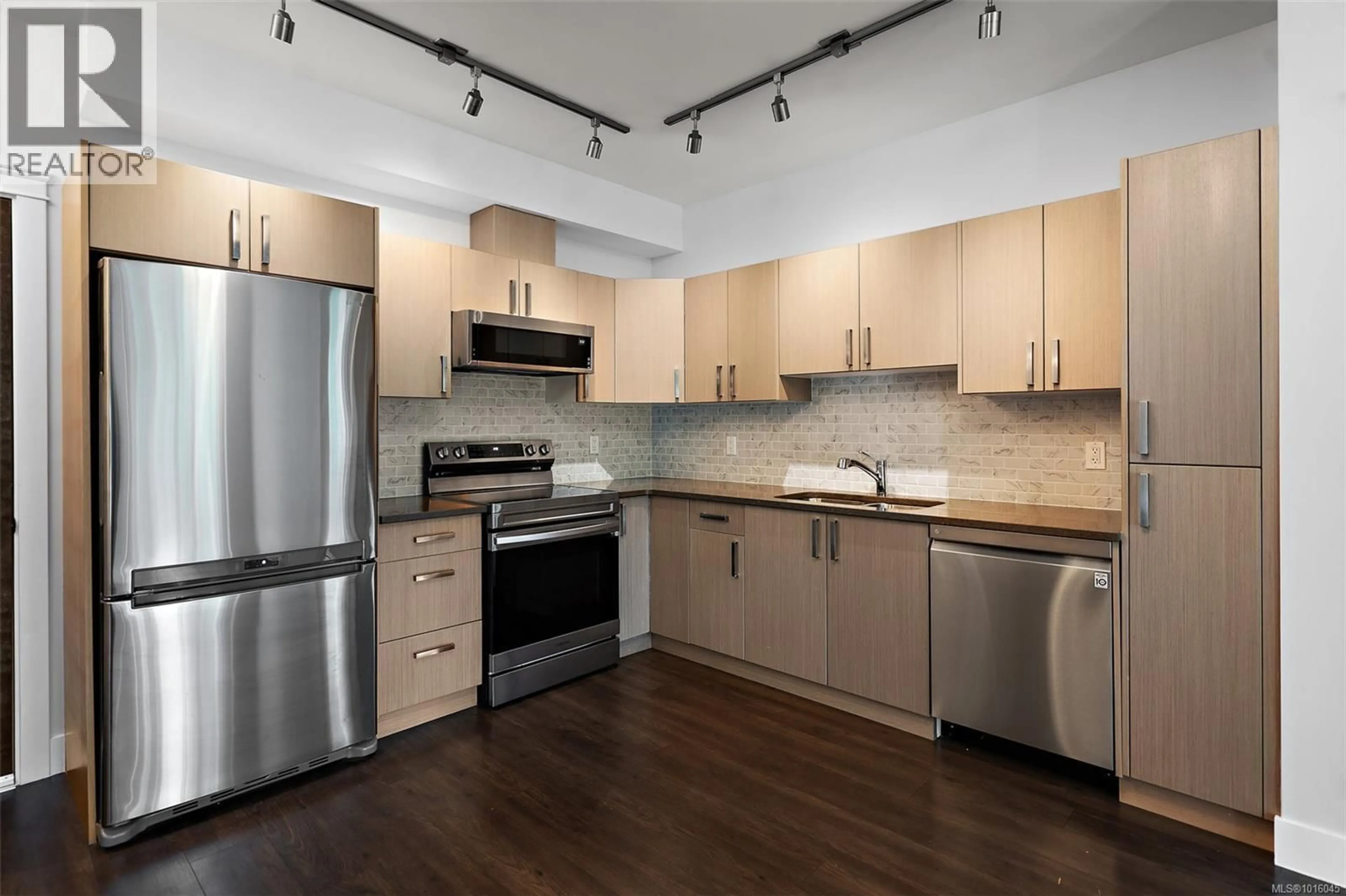 Standard kitchen, wood/laminate floor for 205 - 1900 WATKISS WAY, View Royal British Columbia V9B0S8