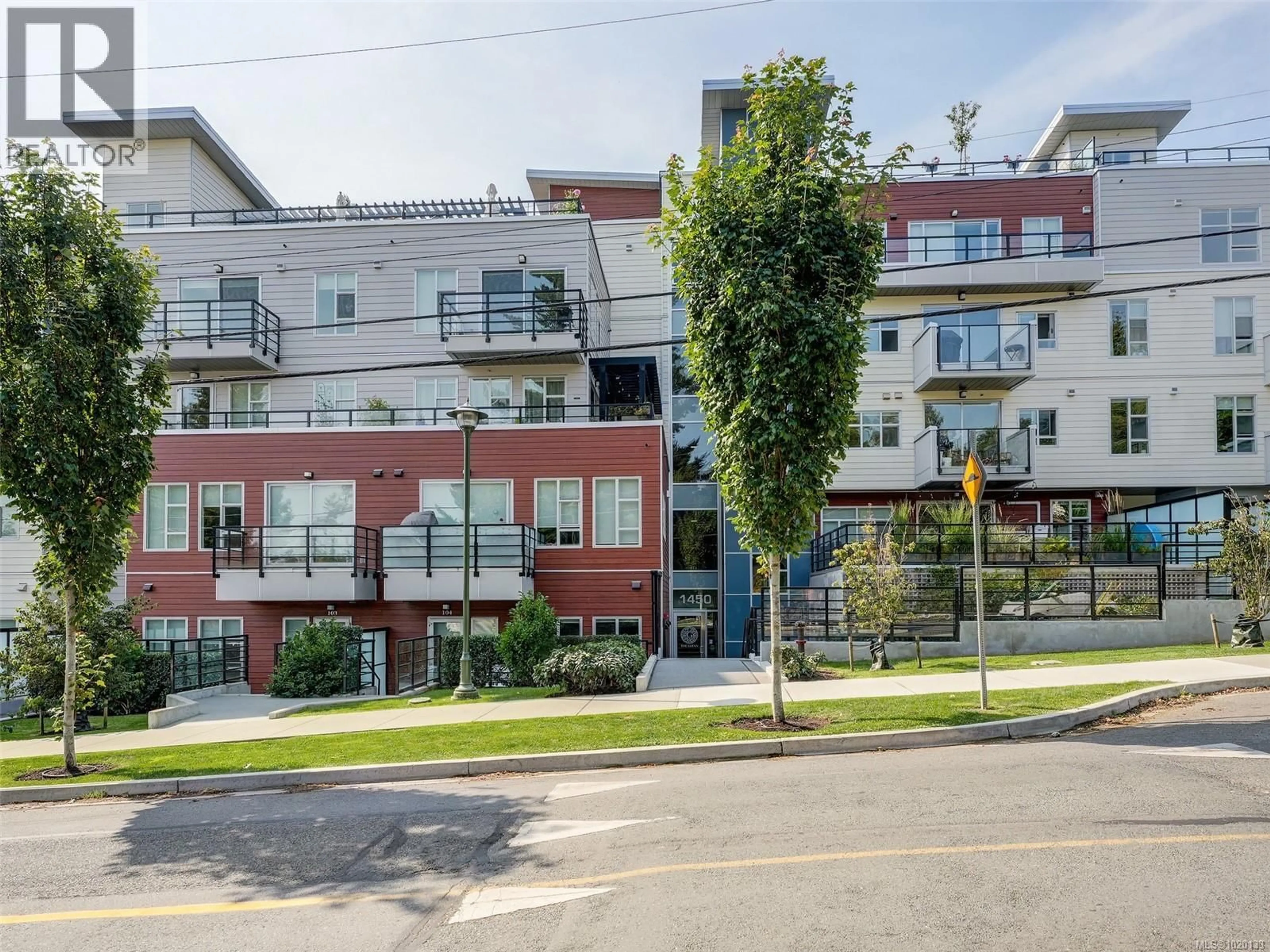 A pic from outside/outdoor area/front of a property/back of a property/a pic from drone, street for 306 - 1450 GLENTANA ROAD, View Royal British Columbia V9A0H6