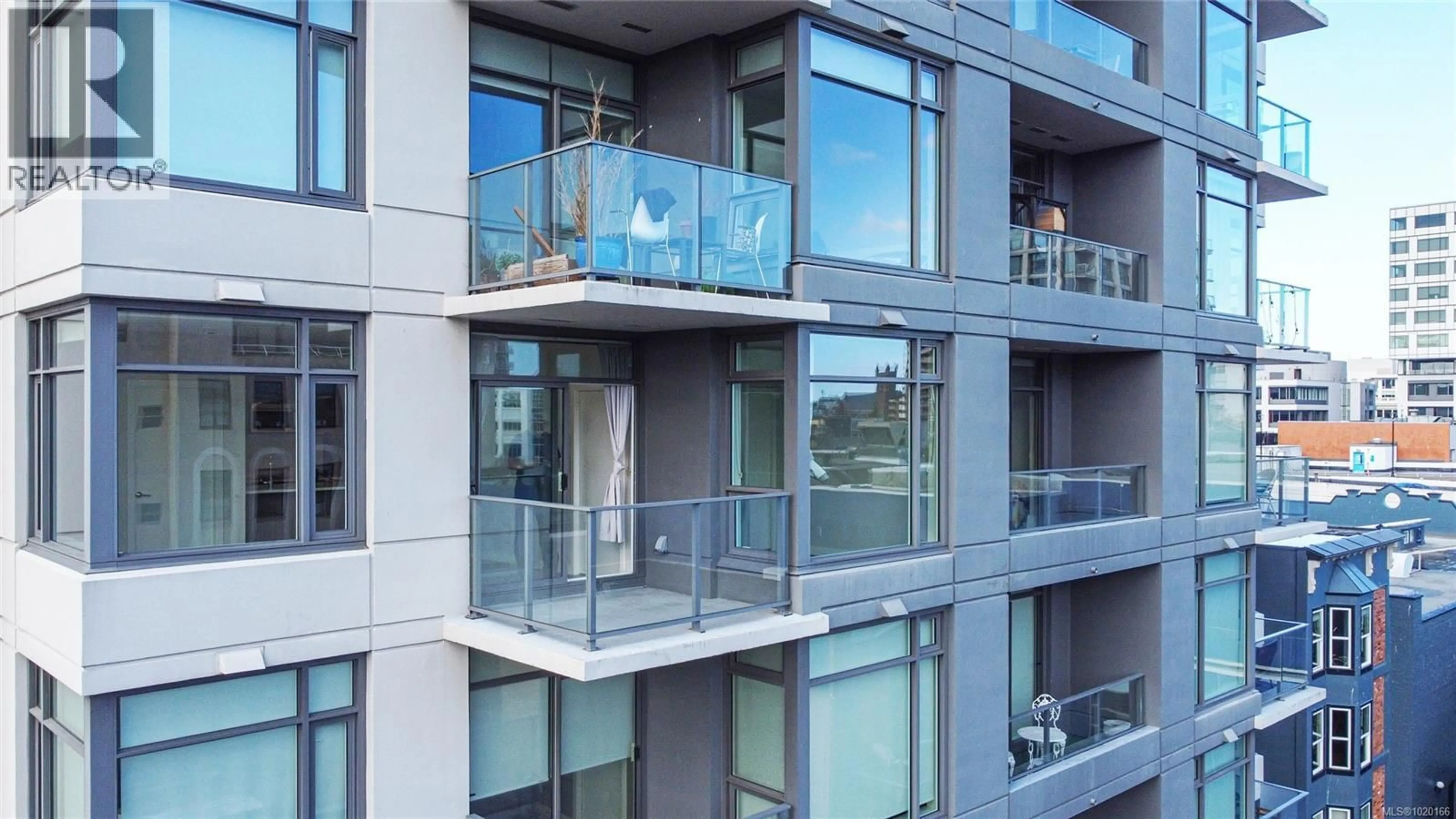 Balcony in the apartment, city buildings view from balcony for 605 - 728 YATES STREET, Victoria British Columbia V8W0C8