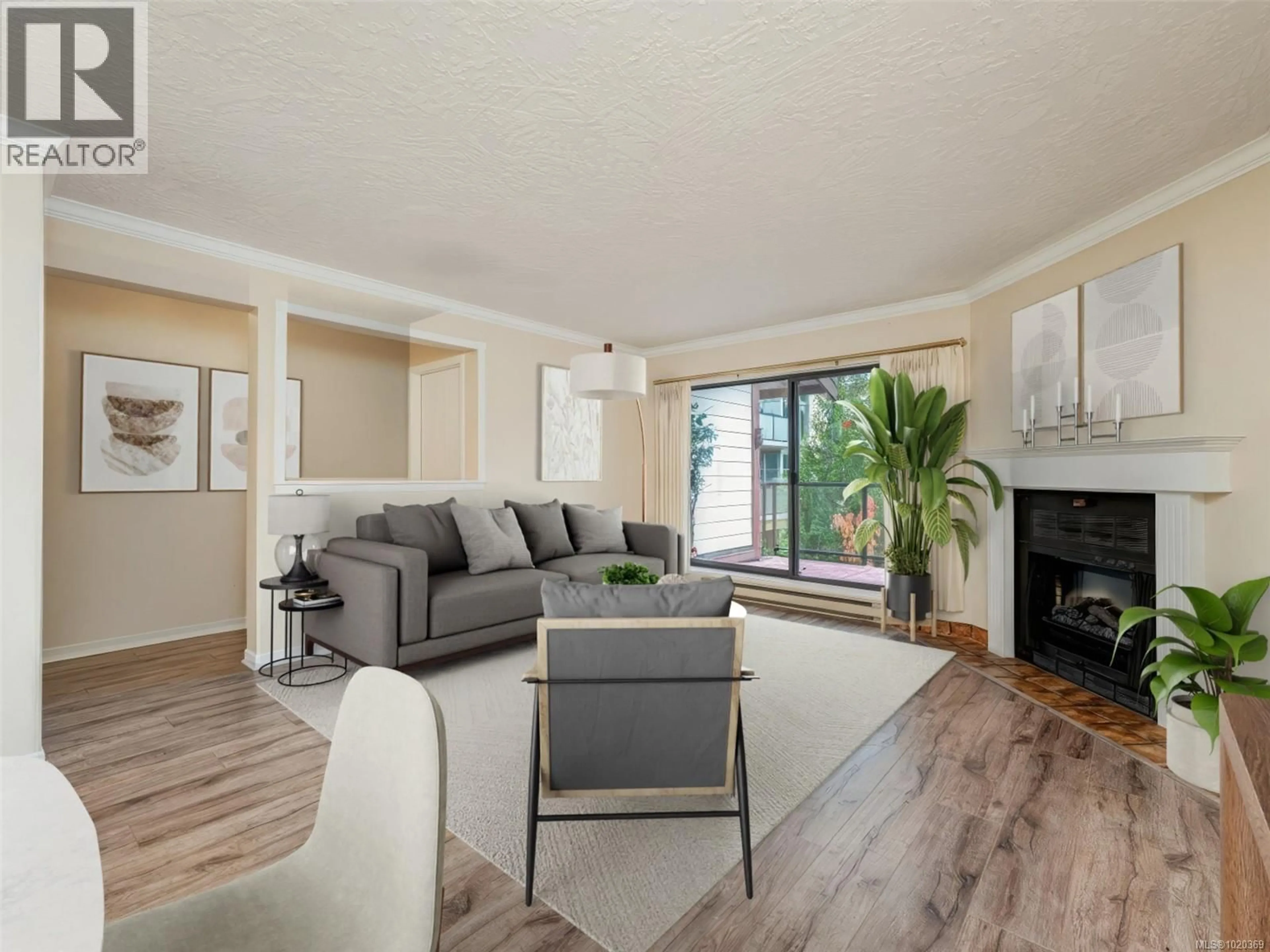 Living room with furniture, wood/laminate floor for 403 - 420 PARRY STREET, Victoria British Columbia V8V2H7
