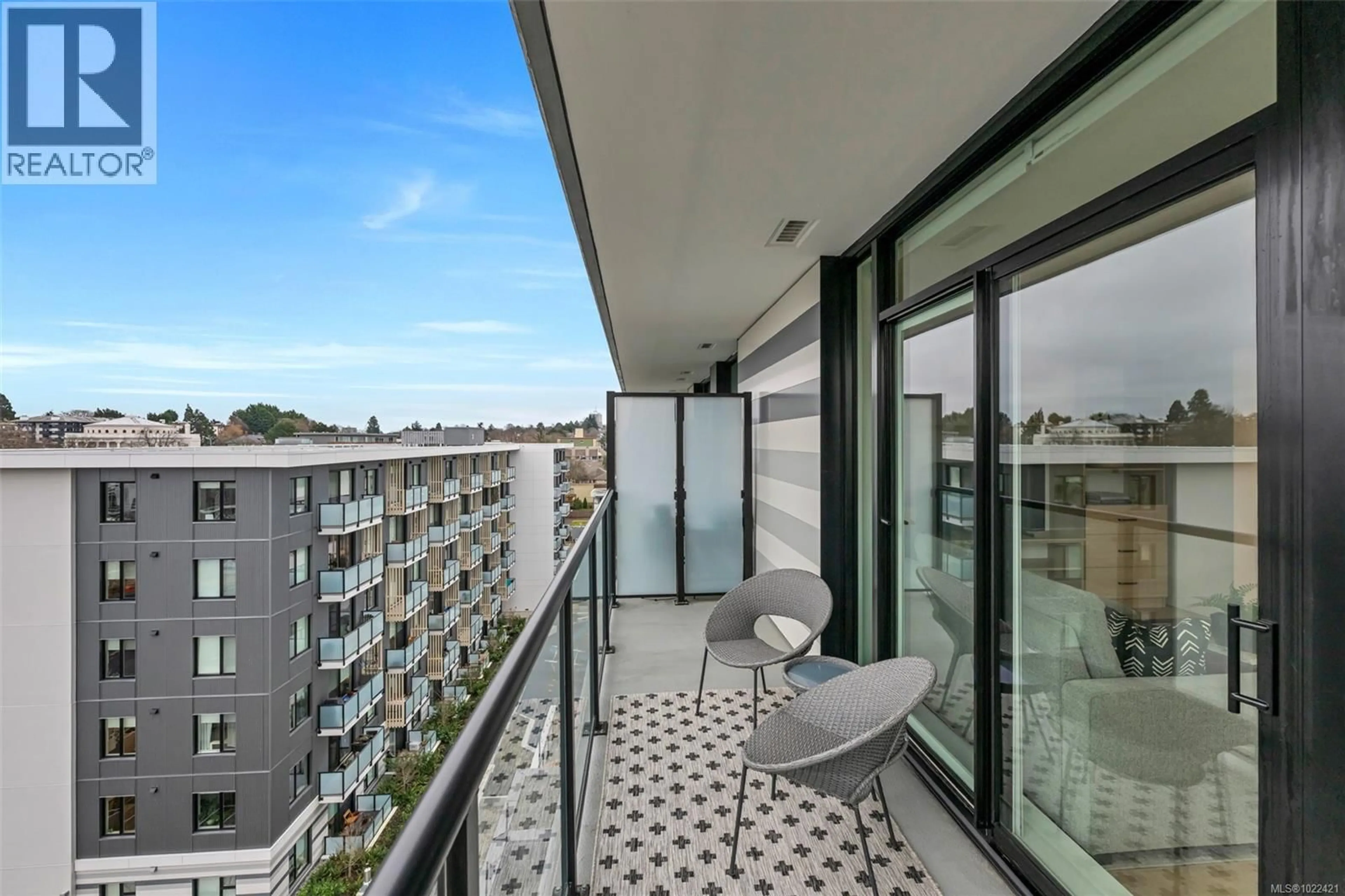 Balcony in the apartment, city buildings view from balcony for 702 - 1100 YATES STREET, Victoria British Columbia V8V0H5