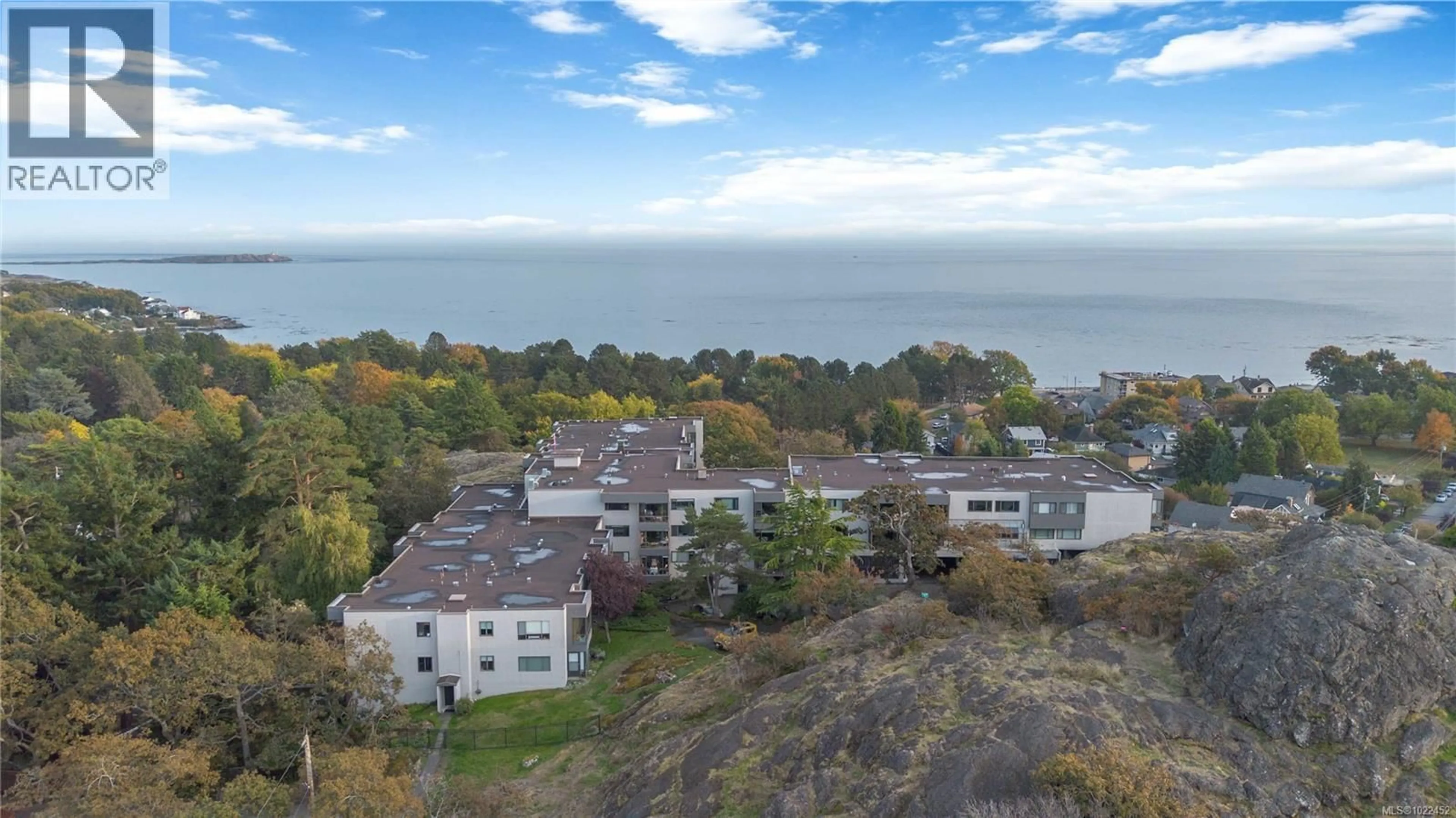 A pic from outside/outdoor area/front of a property/back of a property/a pic from drone, water/lake/river/ocean view for 410 - 1433 FAIRCLIFF LANE, Victoria British Columbia V8S3J6