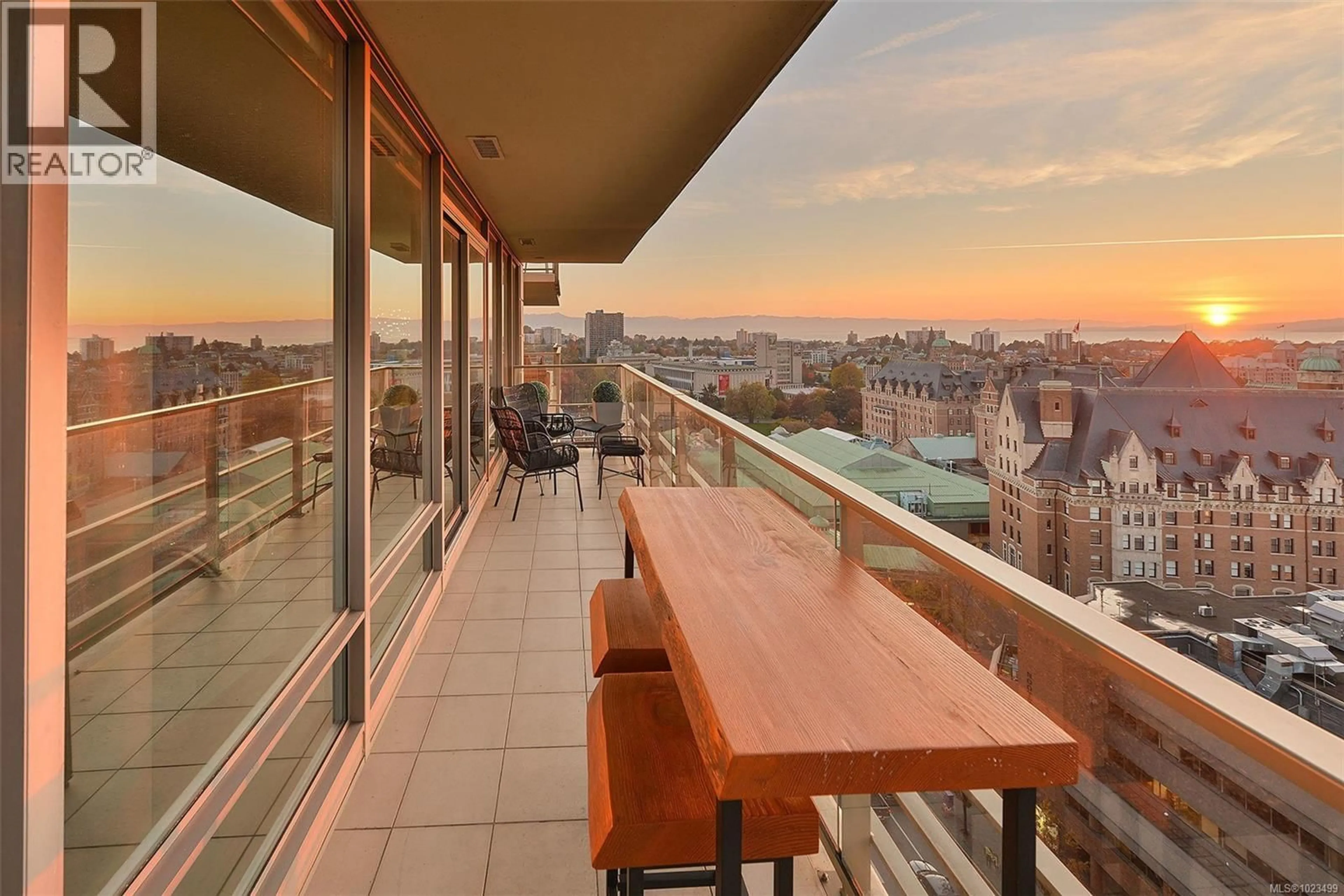 Balcony in the apartment, city buildings view from balcony for 1605 - 707 COURTNEY STREET, Victoria British Columbia V8W0A9