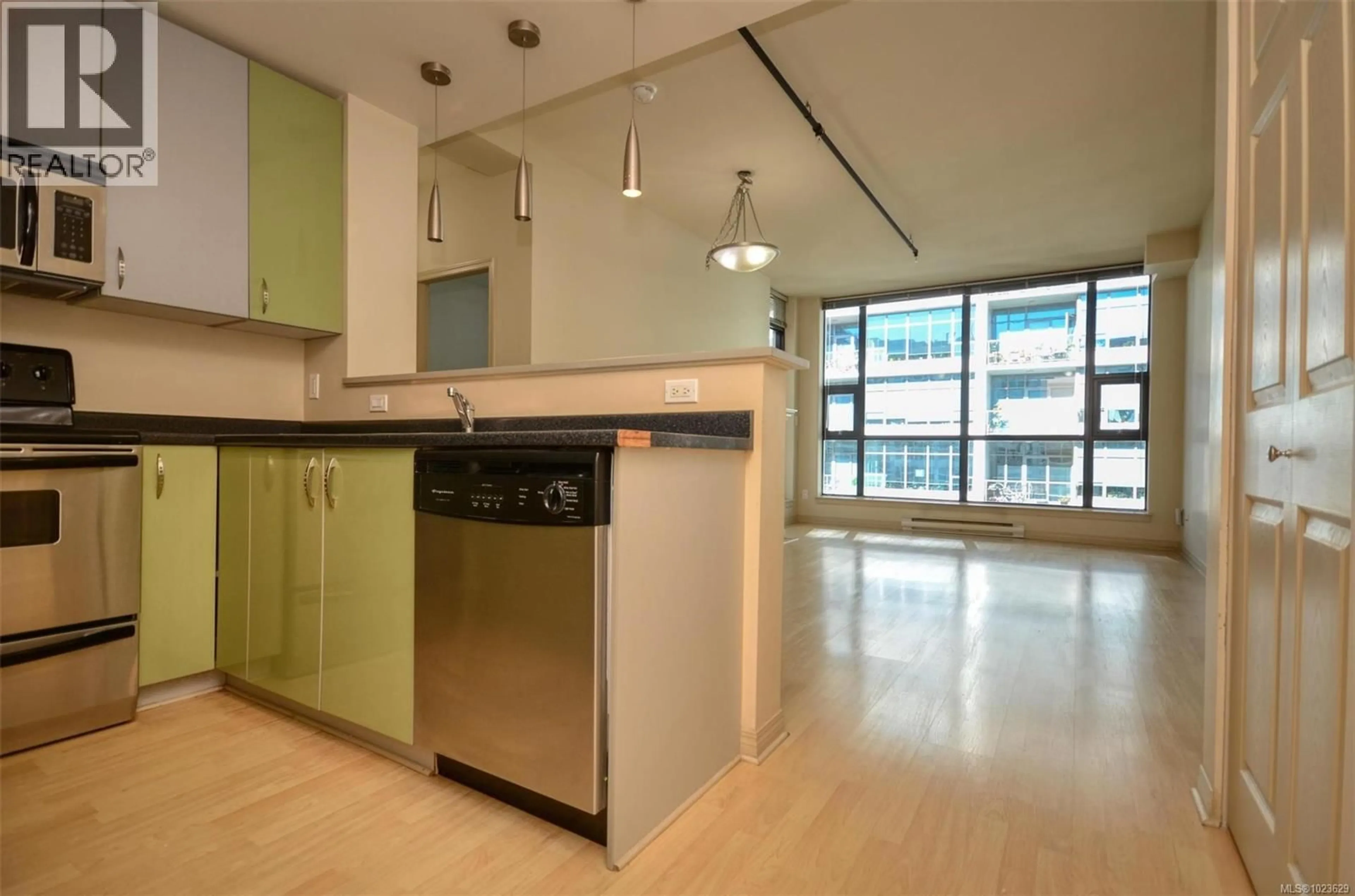 Standard kitchen, cement floor for 601 - 860 VIEW STREET, Victoria British Columbia V8W3Z8