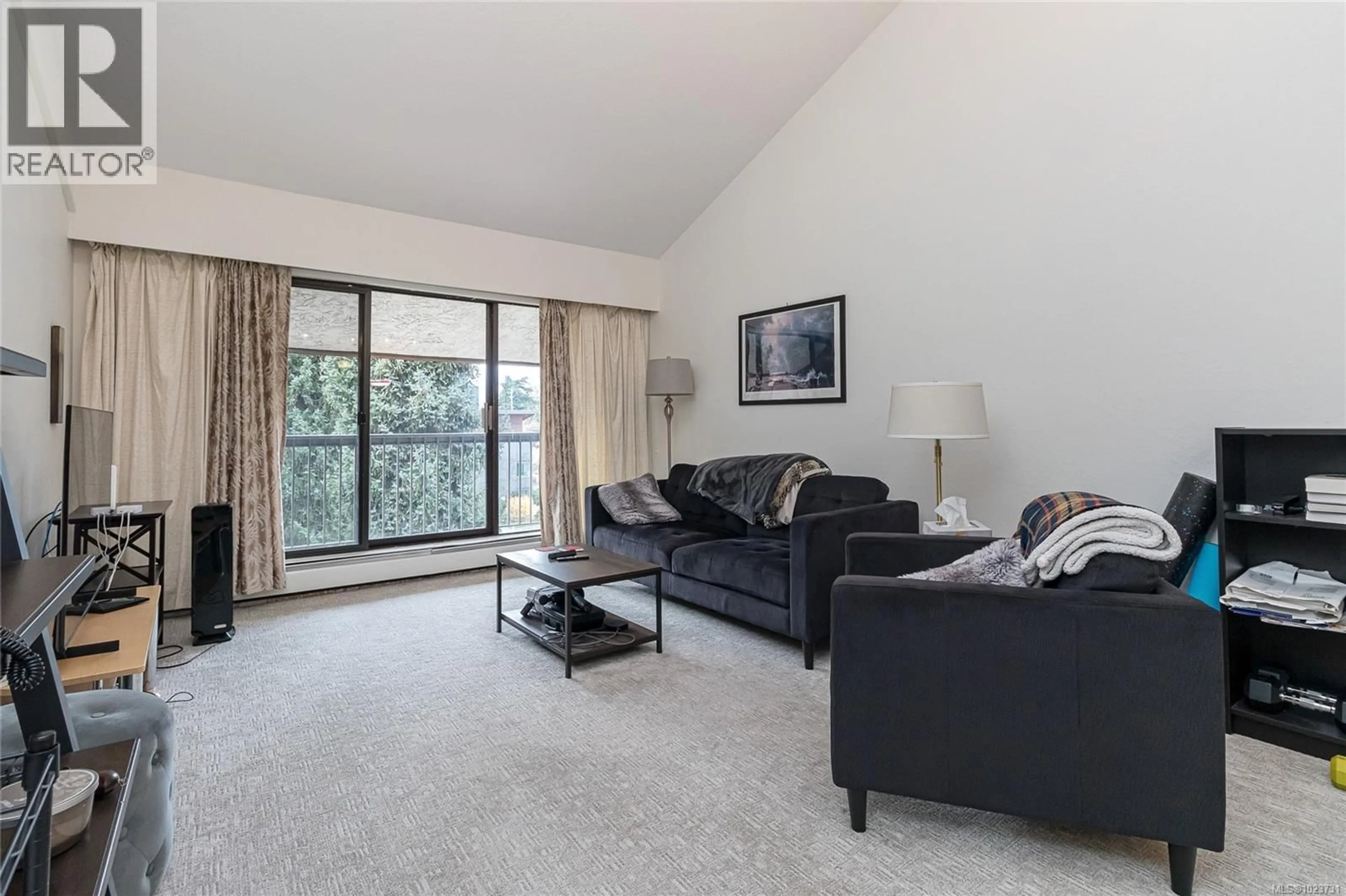 Living room with furniture, carpet floor for 419 - 1005 MCKENZIE AVENUE, Saanich British Columbia V8X4A9