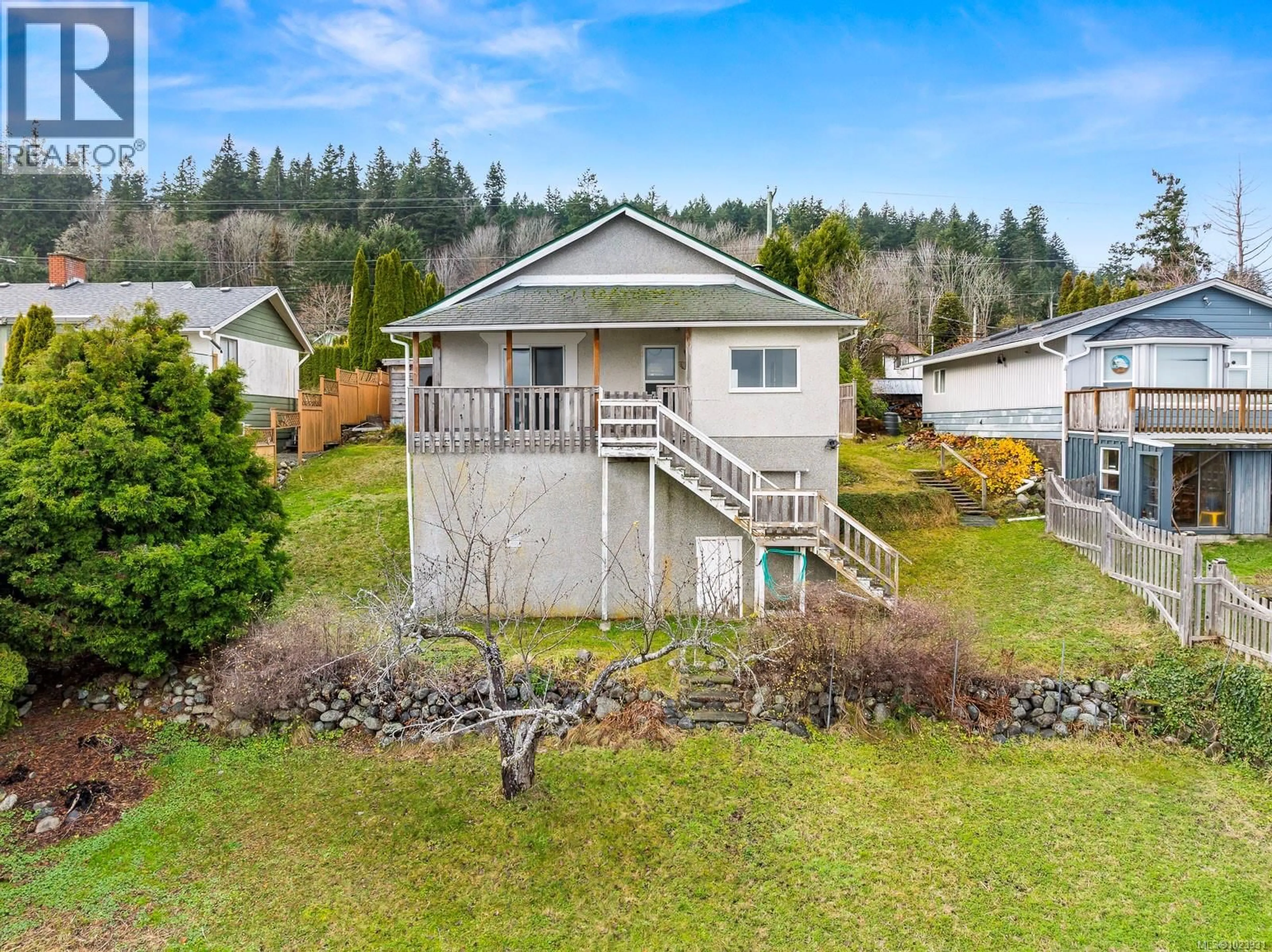 A pic from outside/outdoor area/front of a property/back of a property/a pic from drone, water/lake/river/ocean view for 5642 ISLAND HIGHWAY SOUTH, Union Bay British Columbia V0R3B0