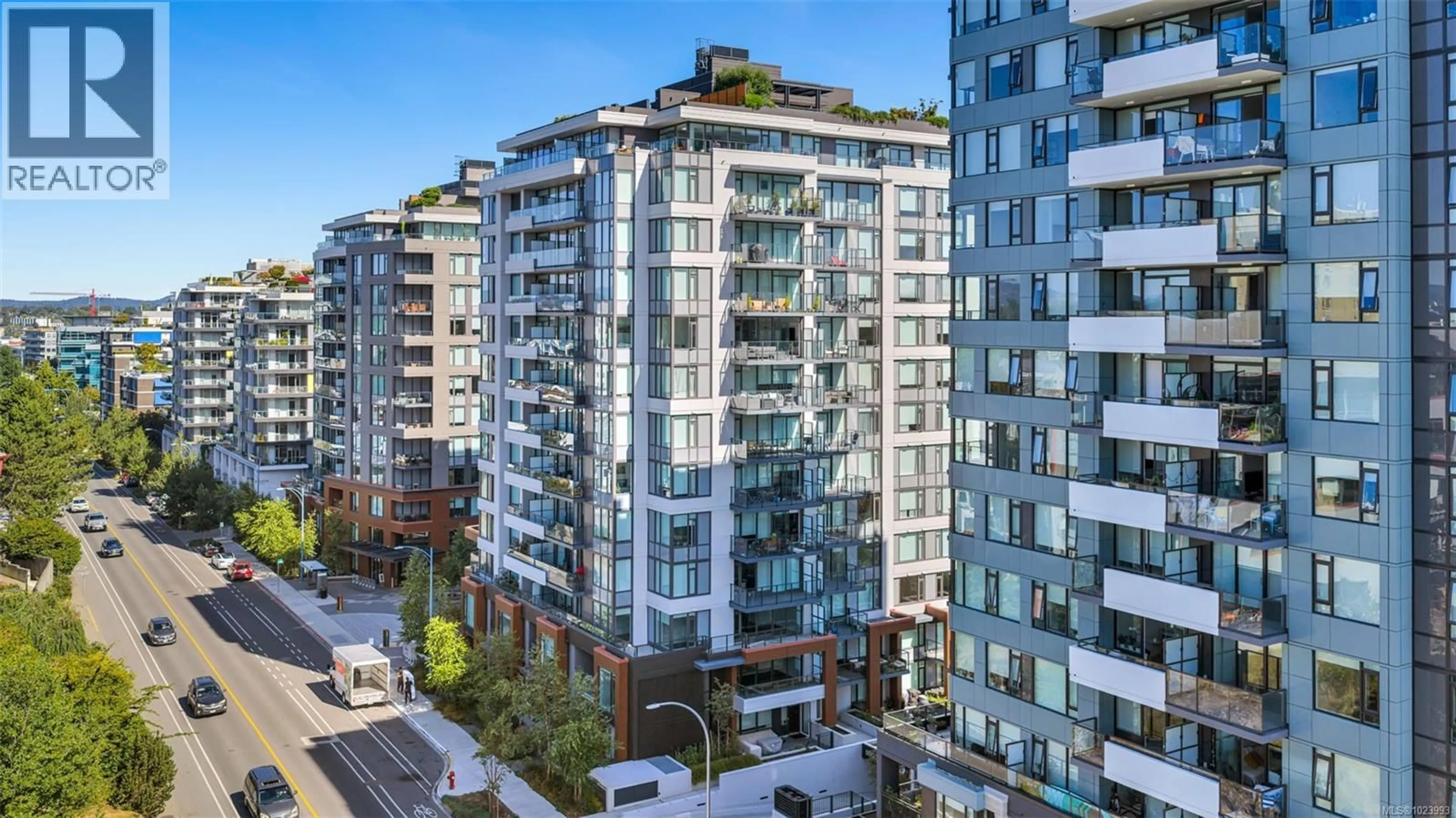 A pic from outside/outdoor area/front of a property/back of a property/a pic from drone, city buildings view from balcony for 1108 - 363 TYEE ROAD, Victoria British Columbia V9A0B5