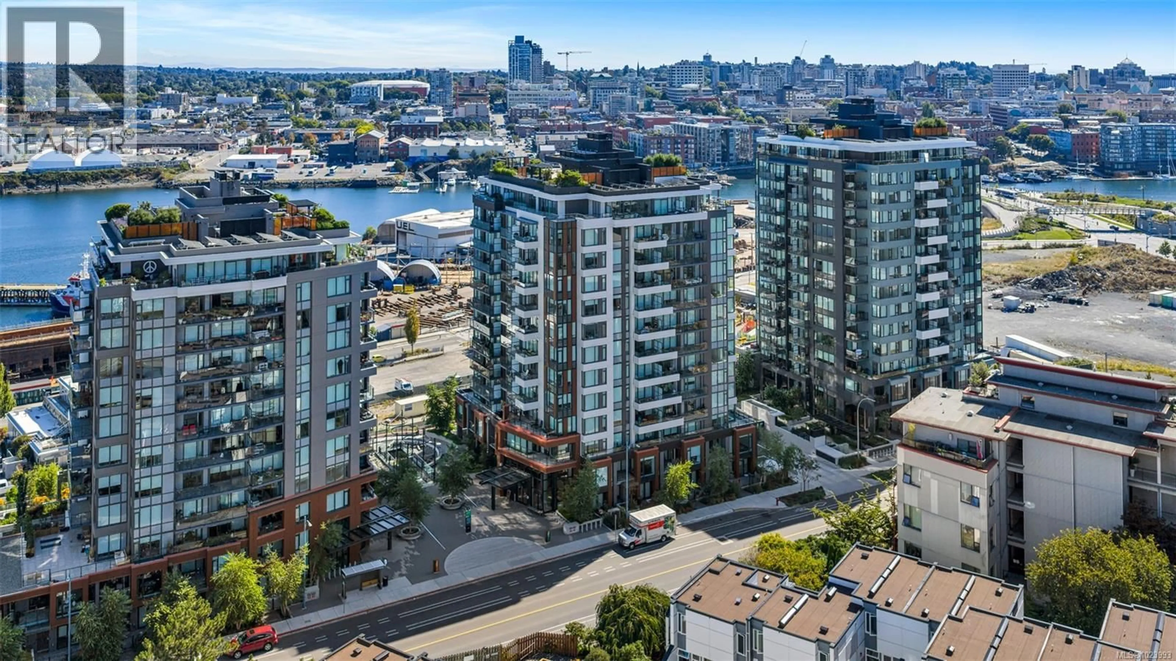 A pic from outside/outdoor area/front of a property/back of a property/a pic from drone, city buildings view from balcony for 1108 - 363 TYEE ROAD, Victoria British Columbia V9A0B5