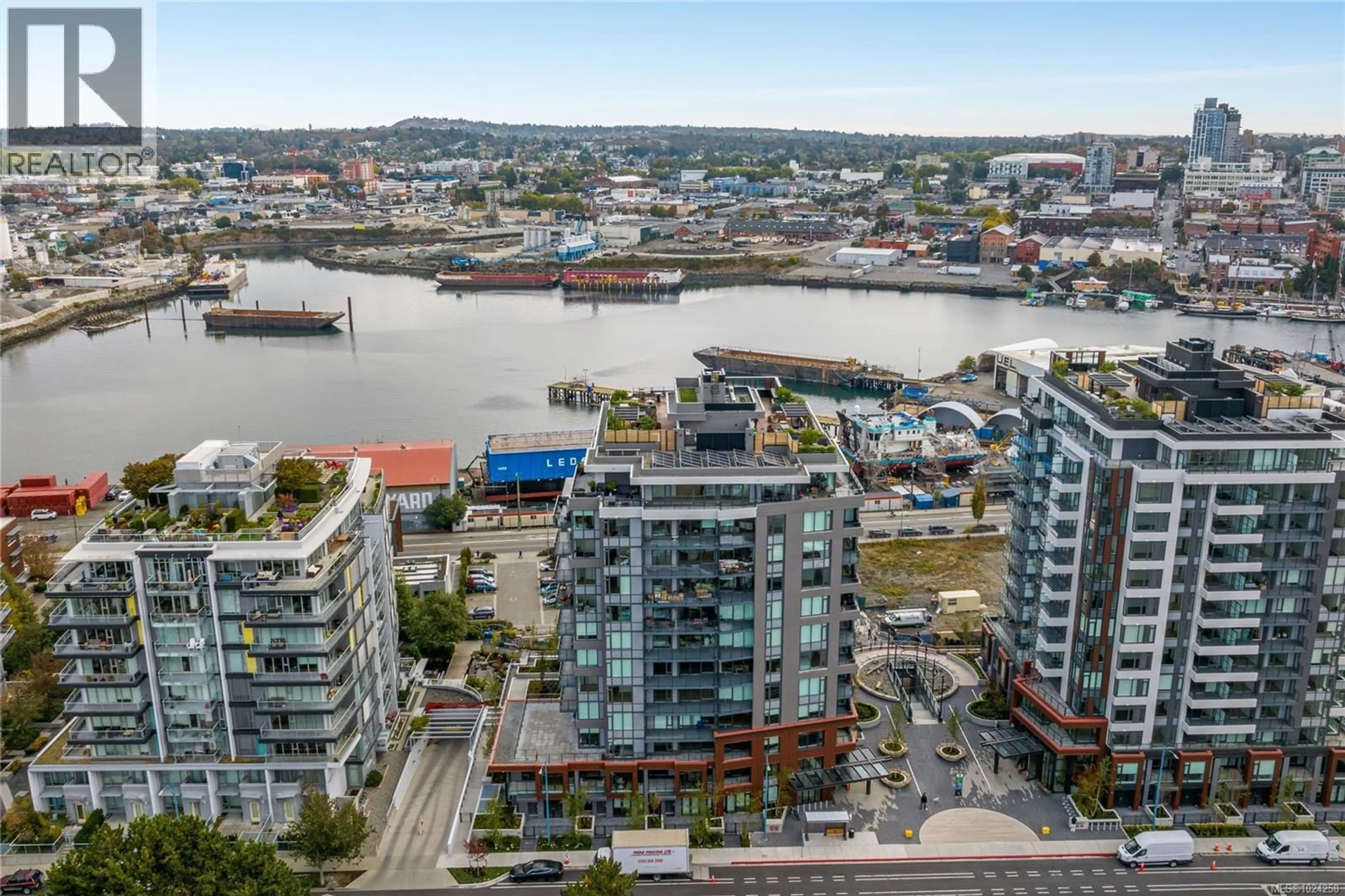 A pic from outside/outdoor area/front of a property/back of a property/a pic from drone, water/lake/river/ocean view for 507 - 369 TYEE ROAD, Victoria British Columbia V9A0B6