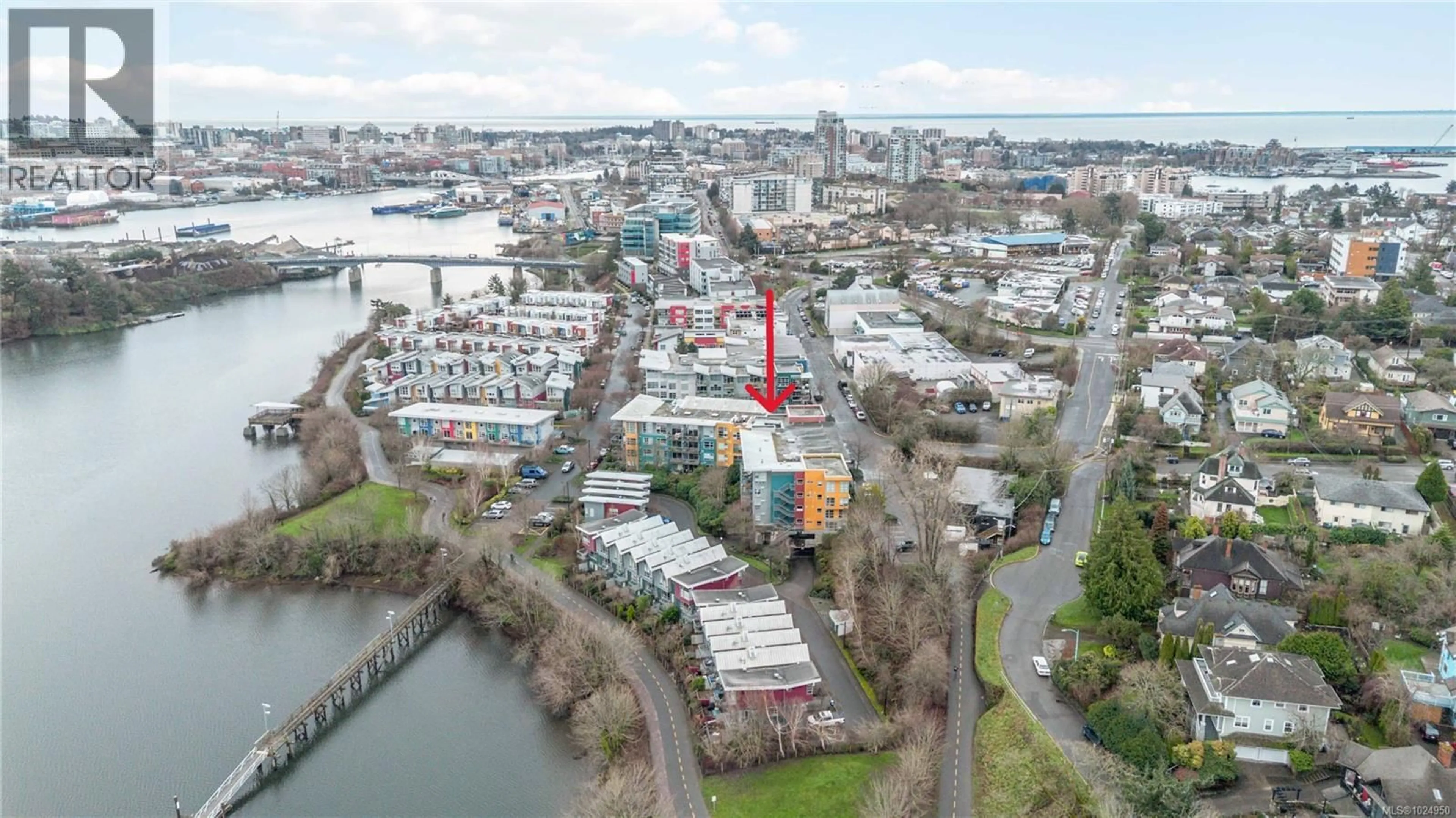A pic from outside/outdoor area/front of a property/back of a property/a pic from drone, water/lake/river/ocean view for 313 - 90 REGATTA LANDING, Victoria British Columbia V9A7R2