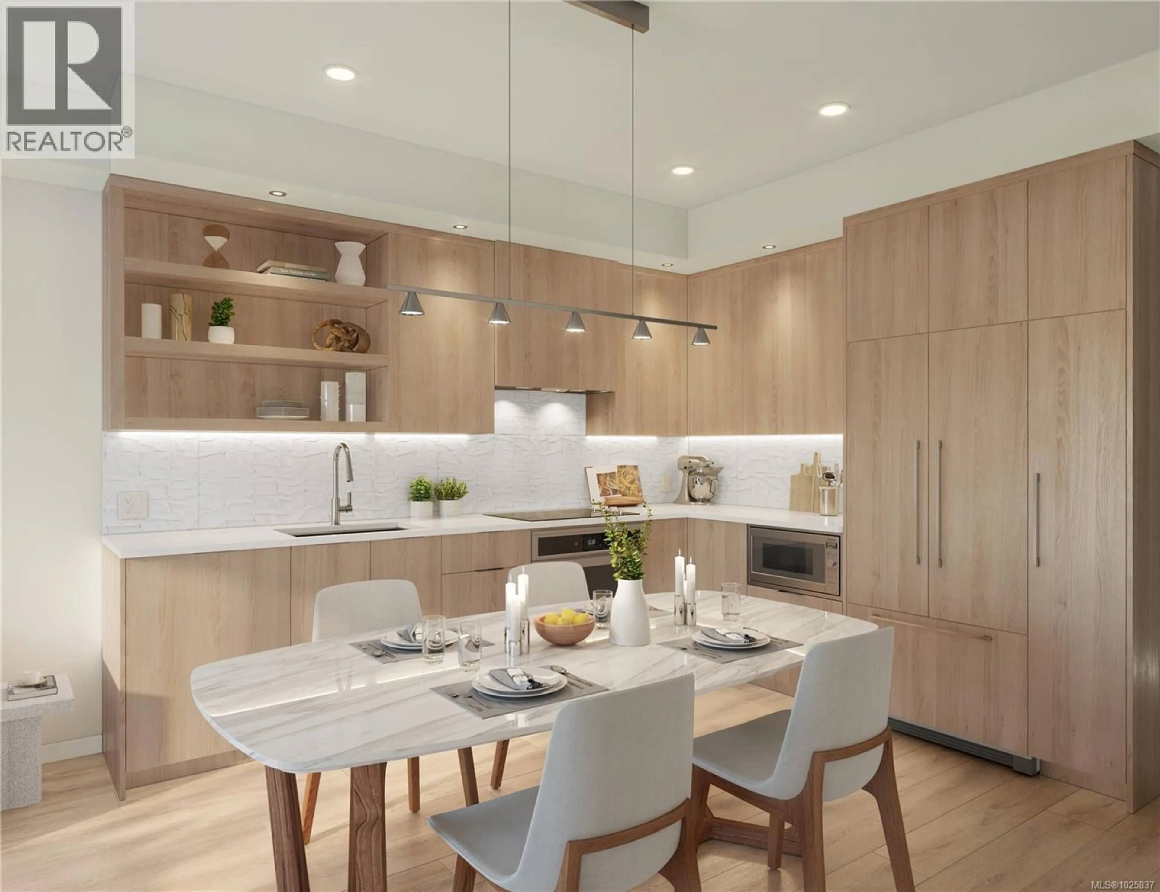 Contemporary kitchen, wood/laminate floor for 202 - 3839 QUADRA STREET, Saanich British Columbia V8X1H8