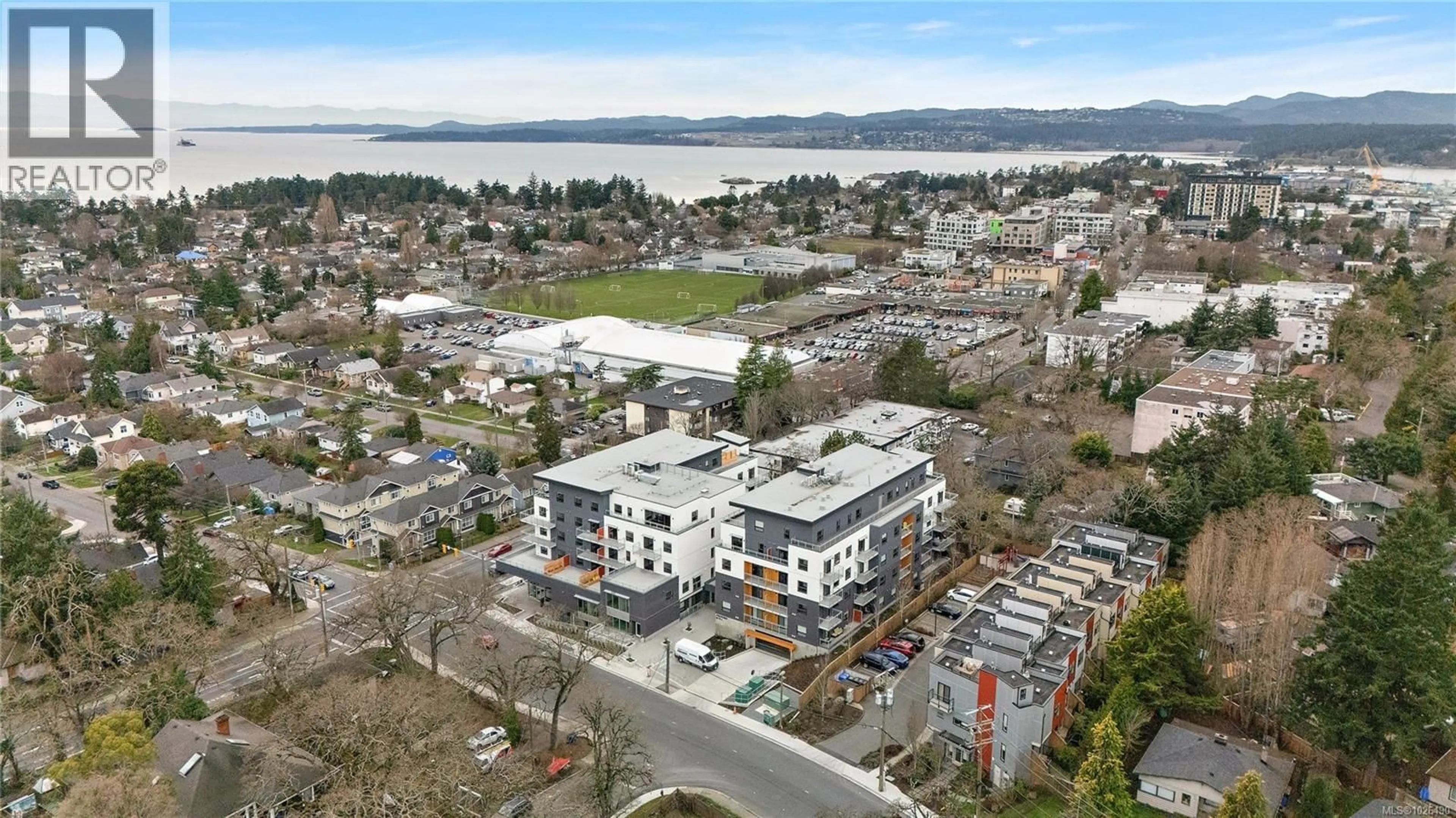 A pic from outside/outdoor area/front of a property/back of a property/a pic from drone, water/lake/river/ocean view for 202 - 1102 ESQUIMALT ROAD, Esquimalt British Columbia V9A0L3