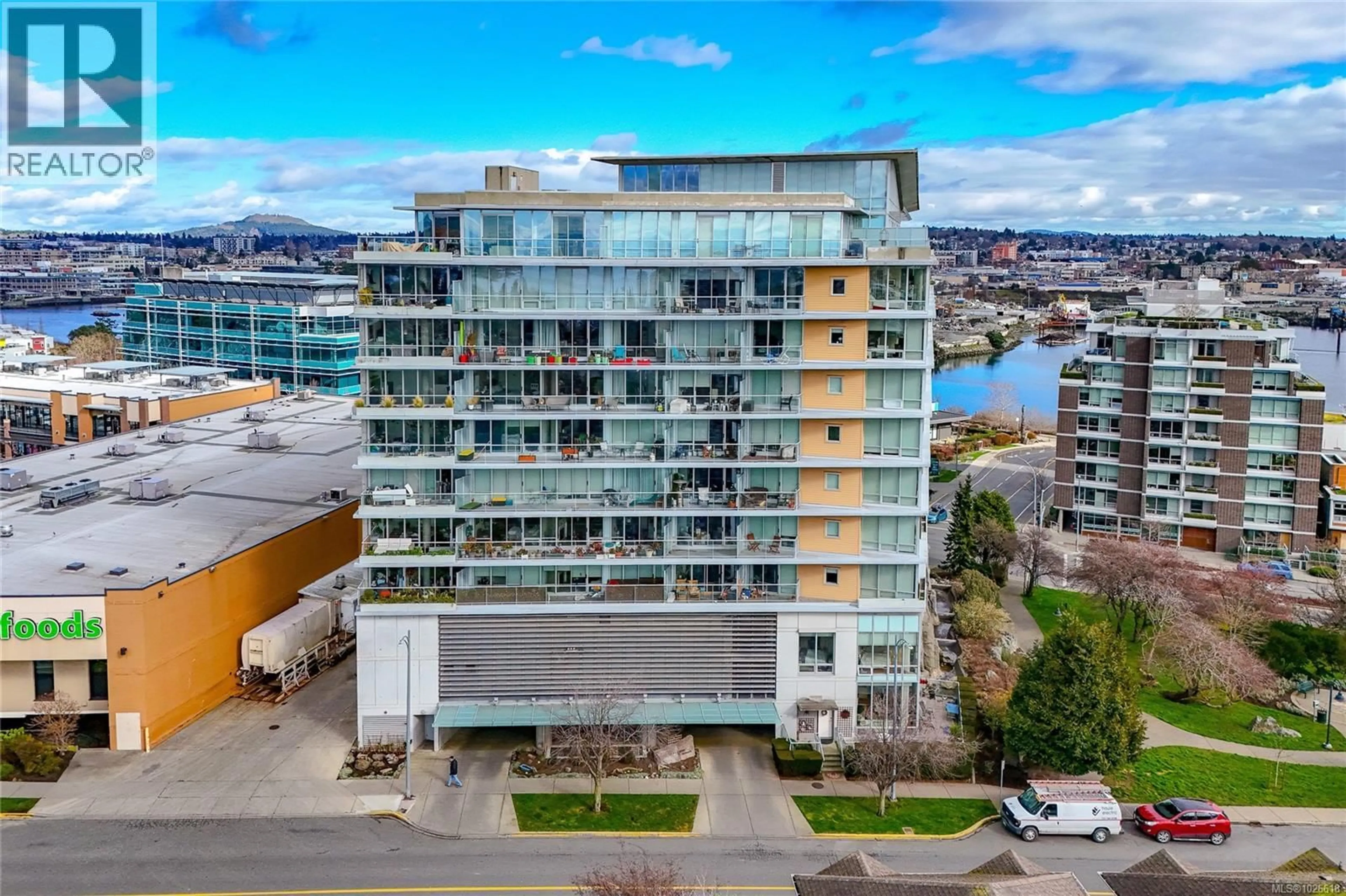 A pic from outside/outdoor area/front of a property/back of a property/a pic from drone, city buildings view from balcony for 1005 - 160 WILSON STREET, Victoria British Columbia V9A7P9