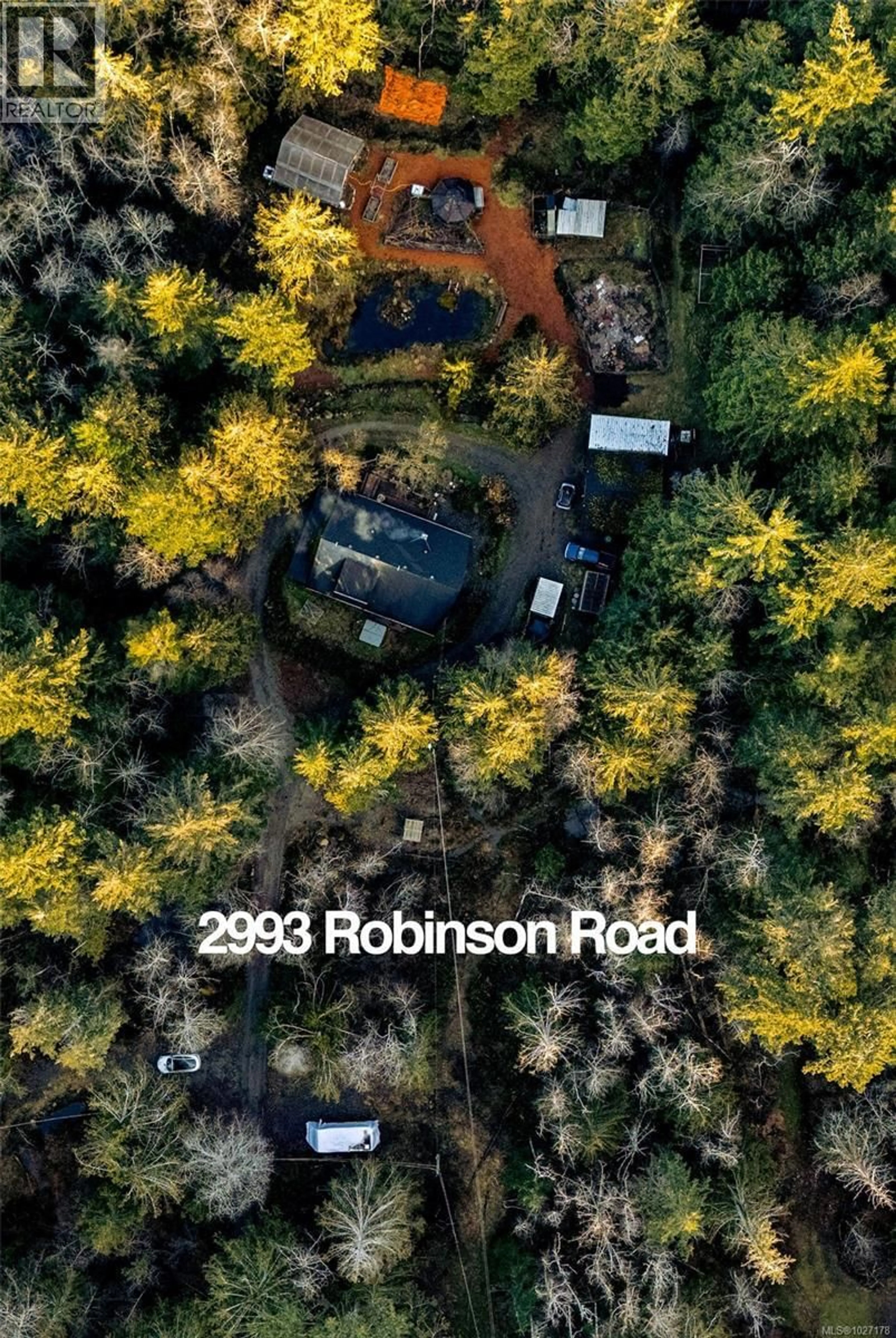 A pic from outside/outdoor area/front of a property/back of a property/a pic from drone, forest/trees view for 2993 ROBINSON ROAD, Sooke British Columbia V9Z0J9