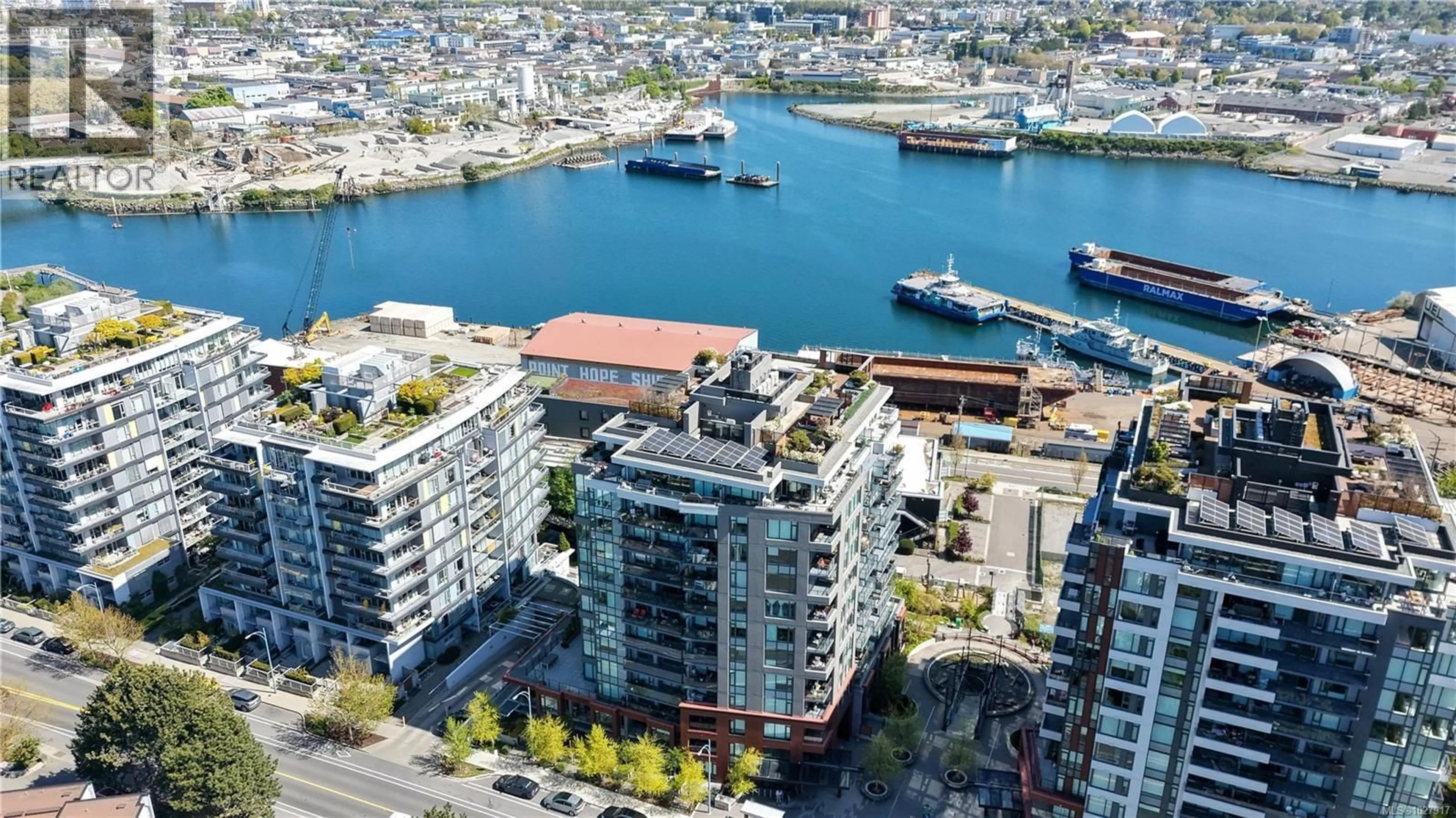 A pic from outside/outdoor area/front of a property/back of a property/a pic from drone, water/lake/river/ocean view for 201 - 369 TYEE ROAD, Victoria British Columbia V9A0B6