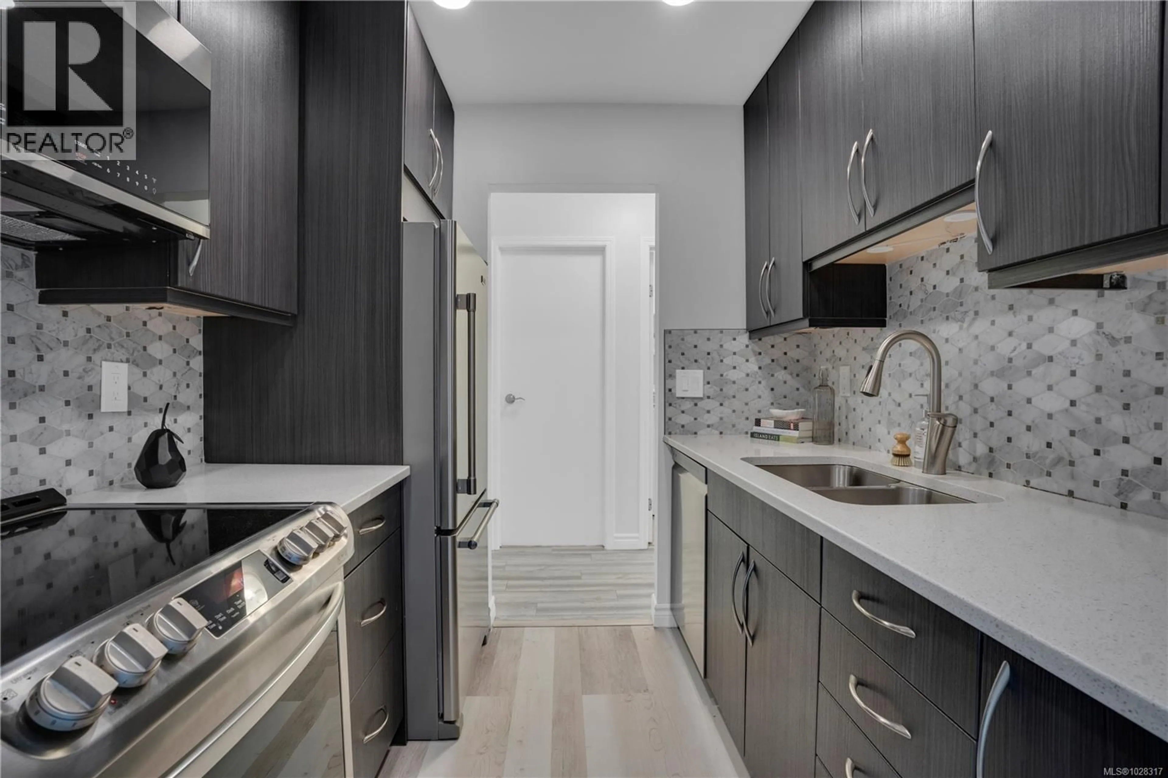 Contemporary kitchen, ceramic/tile floor for 408 - 1436 HARRISON STREET, Victoria British Columbia V8S3S2