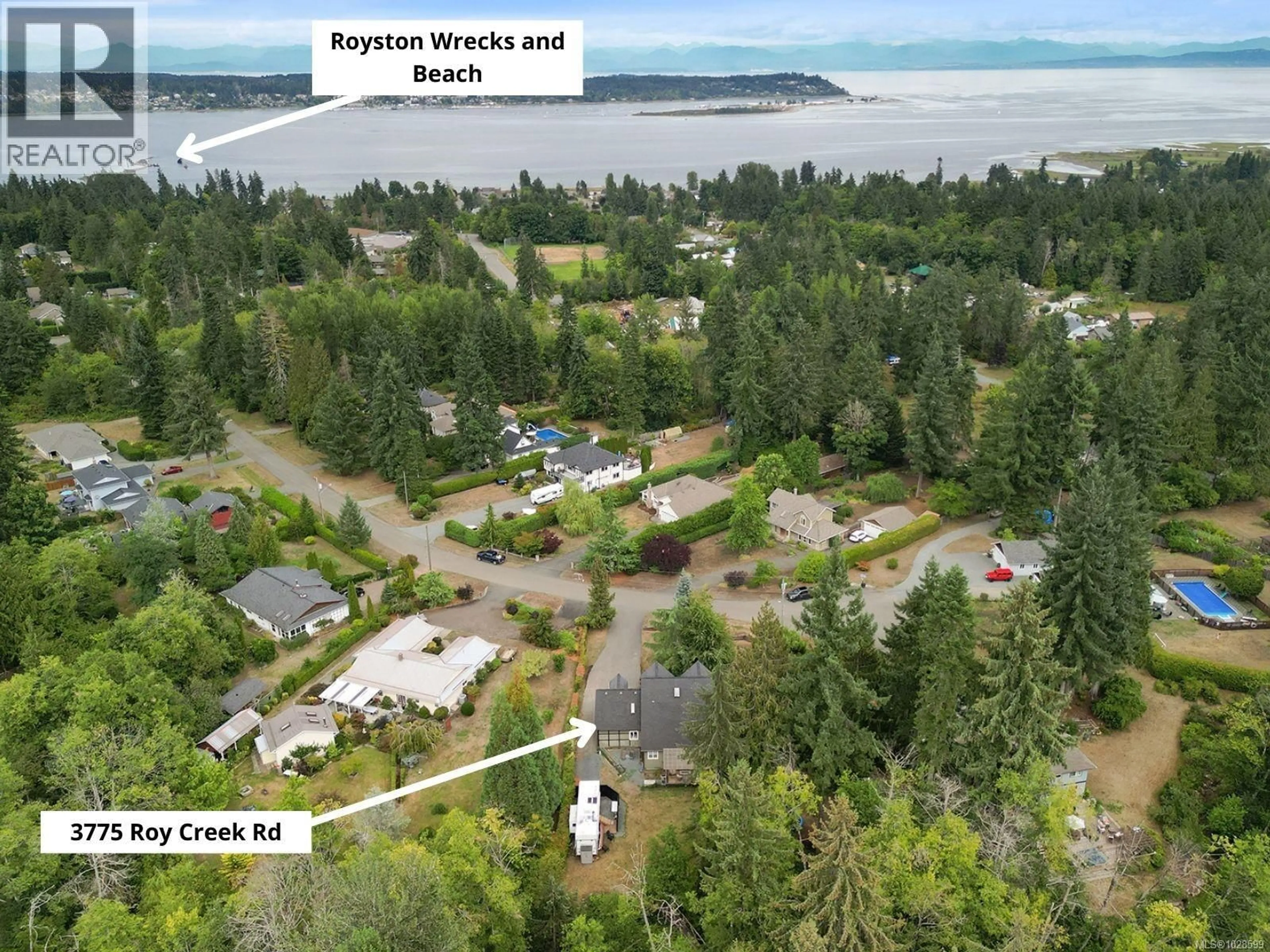 A pic from outside/outdoor area/front of a property/back of a property/a pic from drone, water/lake/river/ocean view for 3775 ROY CREEK ROAD, Royston British Columbia V0R2V0