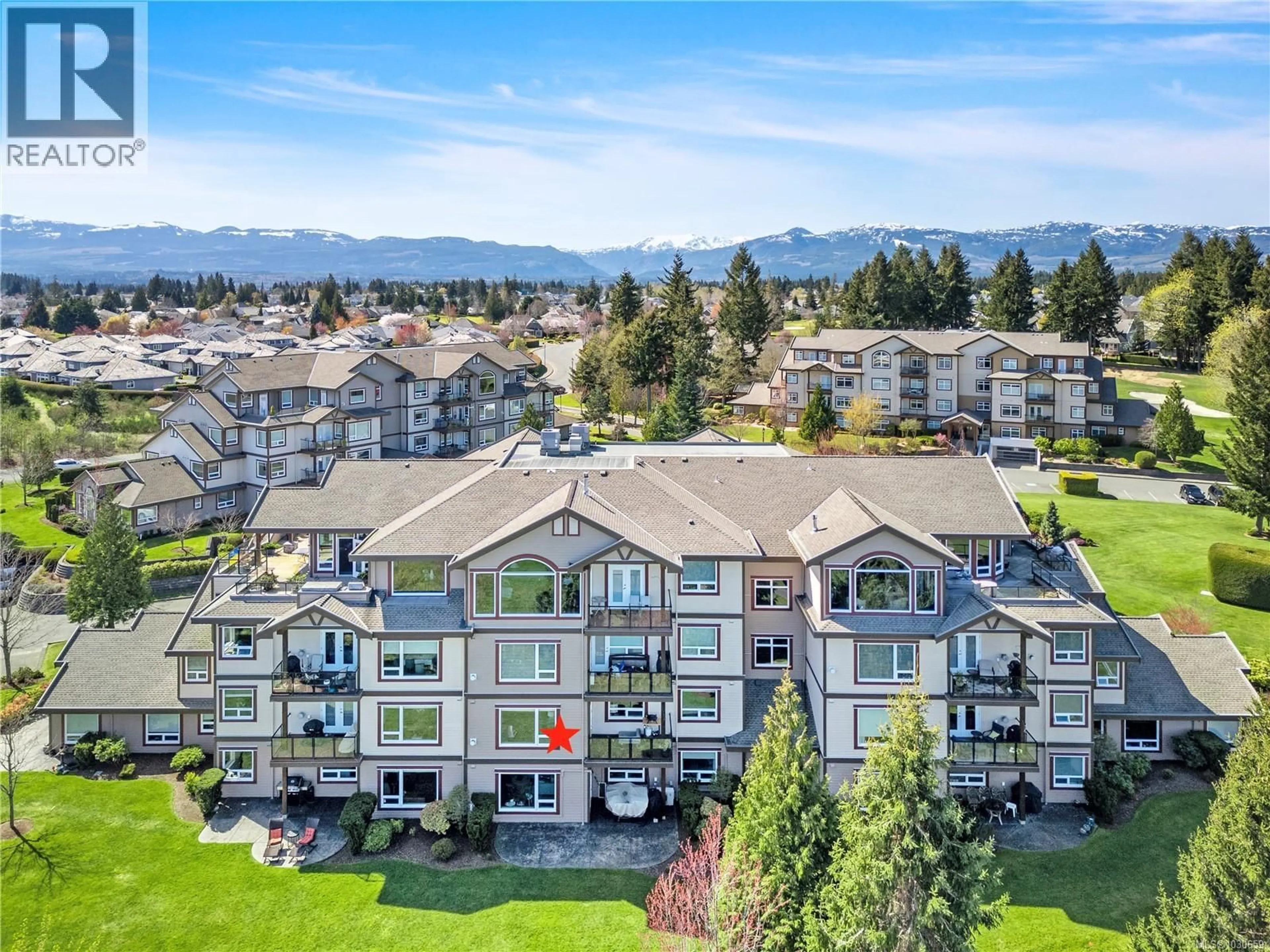 A pic from outside/outdoor area/front of a property/back of a property/a pic from drone, mountain view for 323 - 3666 ROYAL VISTA WAY, Courtenay British Columbia V9N9X8