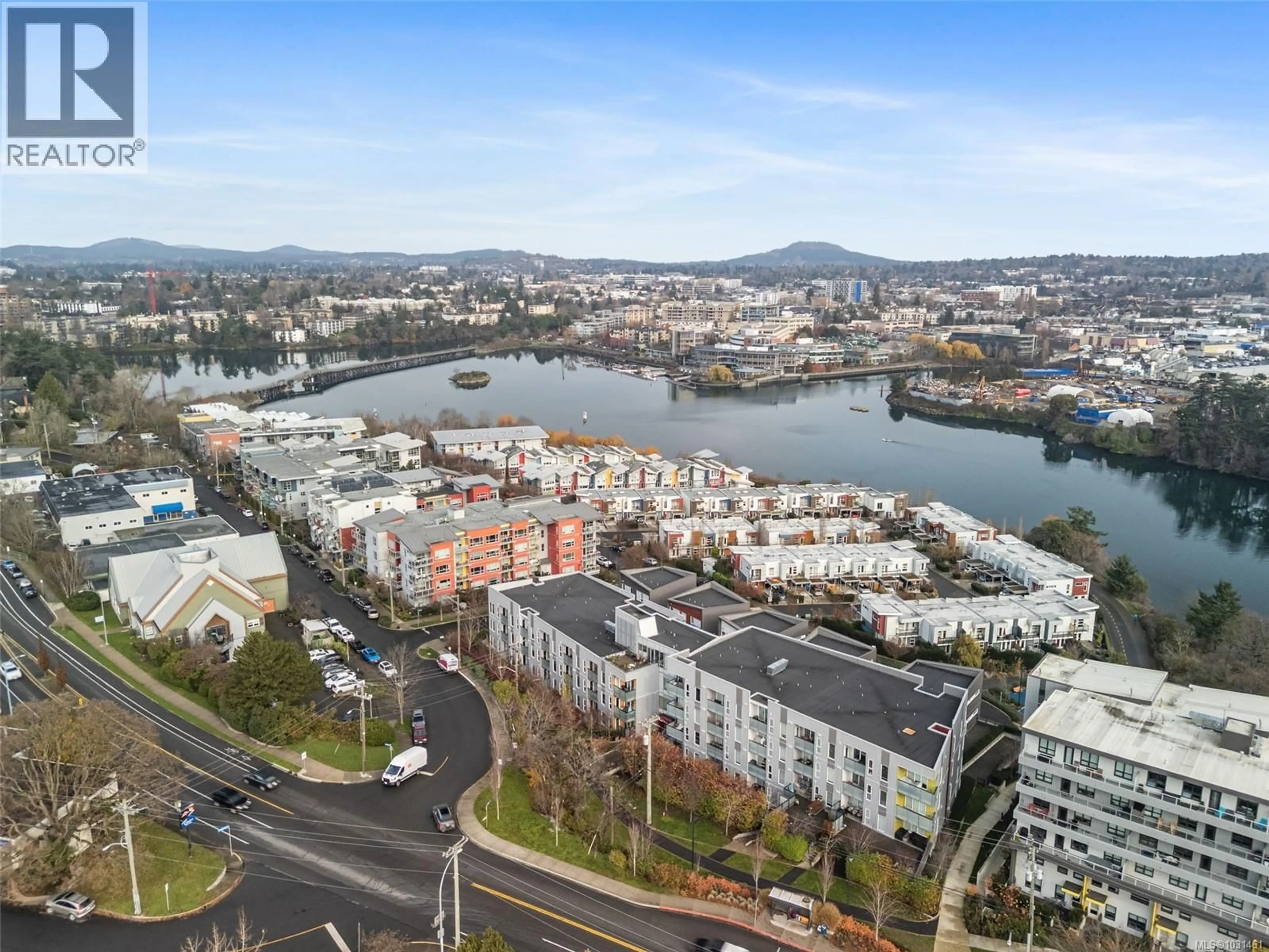 A pic from outside/outdoor area/front of a property/back of a property/a pic from drone, water/lake/river/ocean view for 404 - 767 TYEE ROAD, Victoria British Columbia V9A0G5