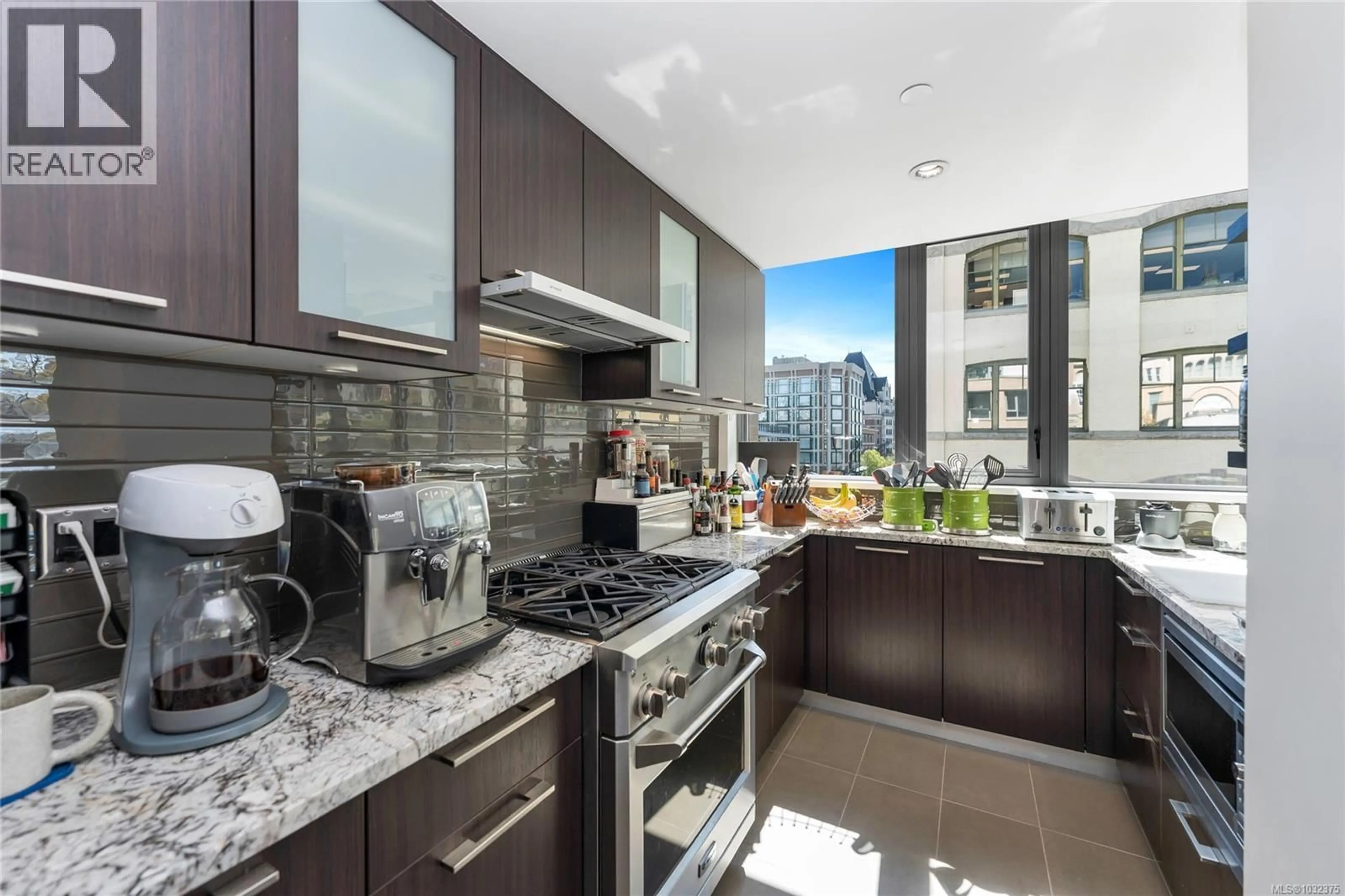 Contemporary kitchen, ceramic/tile floor for 302 - 608 BROUGHTON STREET, Victoria British Columbia V8W1C7