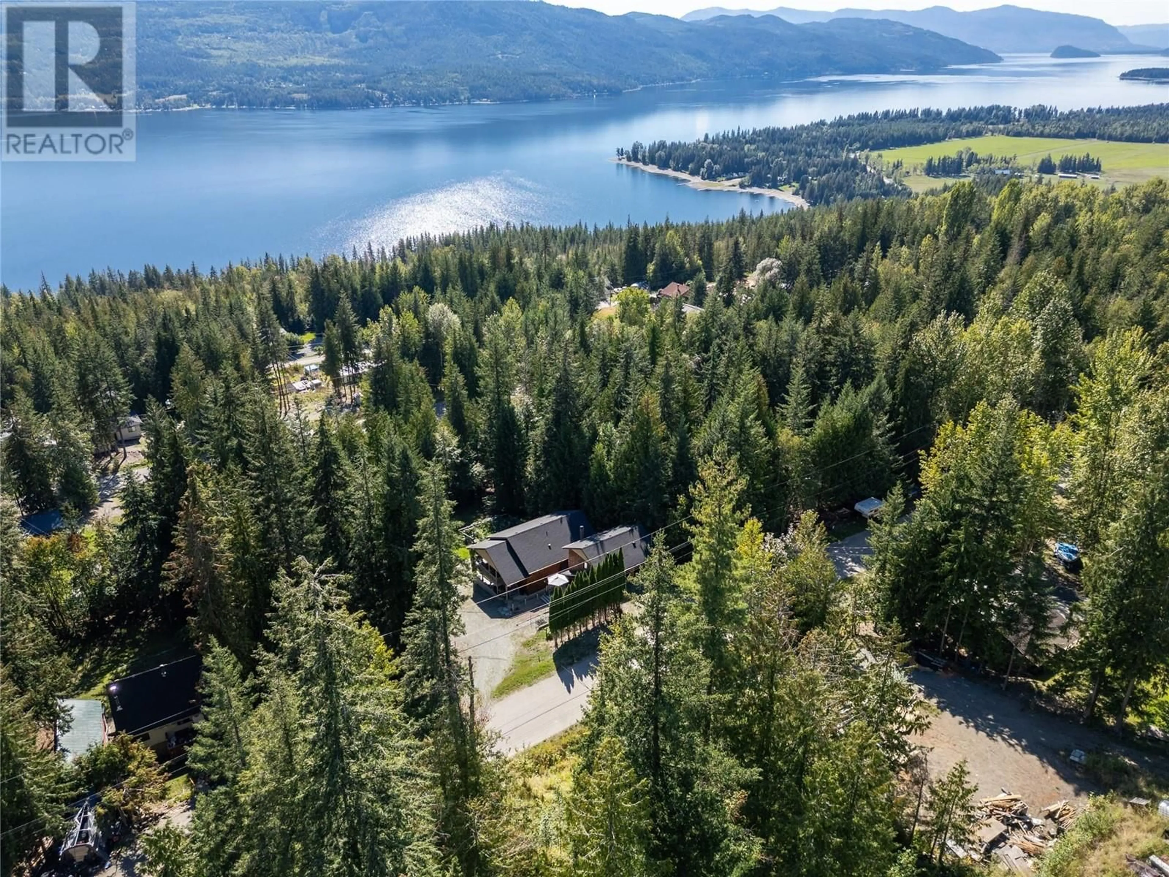 A pic from outside/outdoor area/front of a property/back of a property/a pic from drone, water/lake/river/ocean view for 7438 Anglemont Drive, Anglemont British Columbia V0E1M8