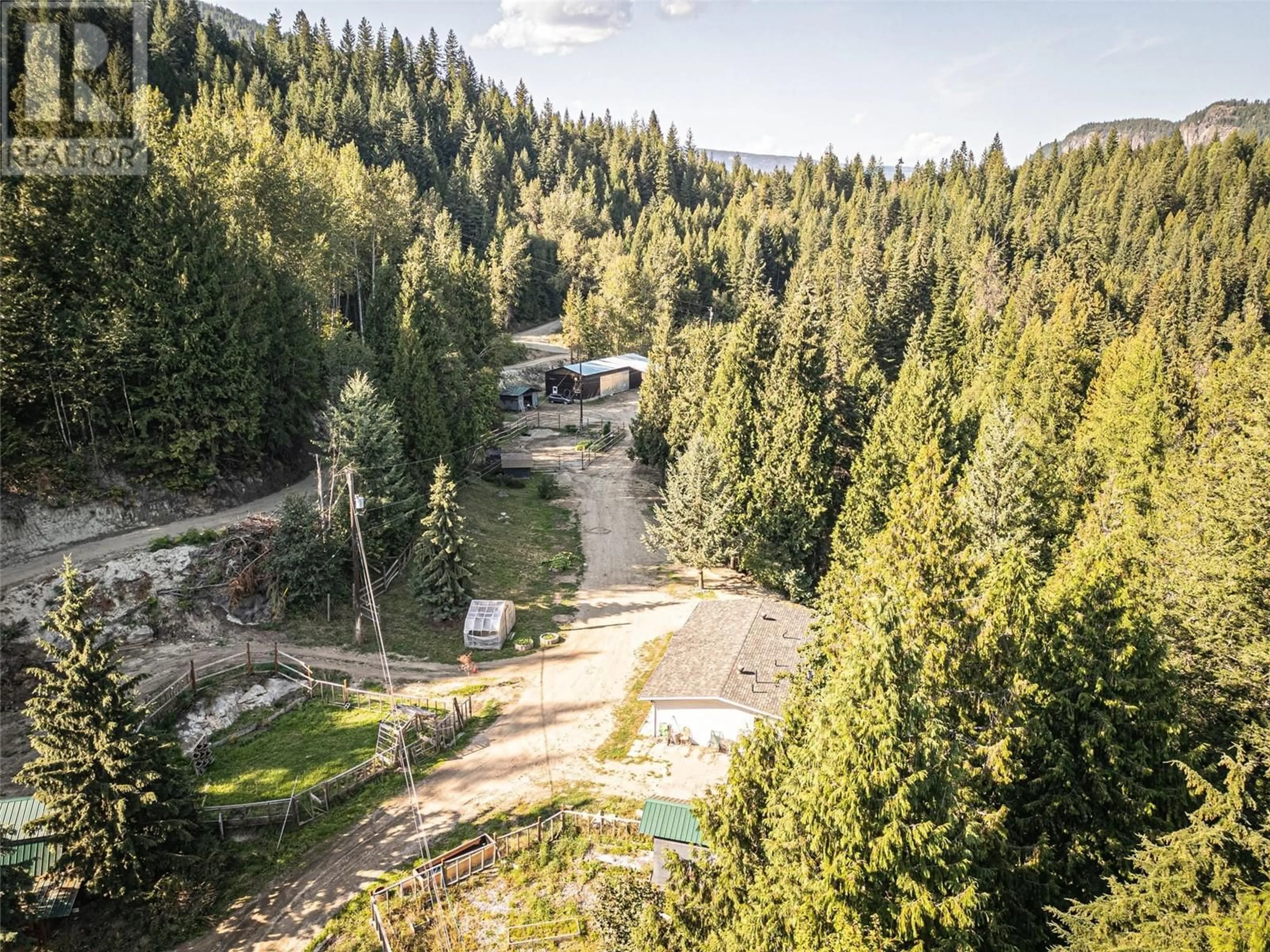 A pic from outside/outdoor area/front of a property/back of a property/a pic from drone, forest/trees view for 1531 Mountain Ridge Road, Robson British Columbia V1N4S2