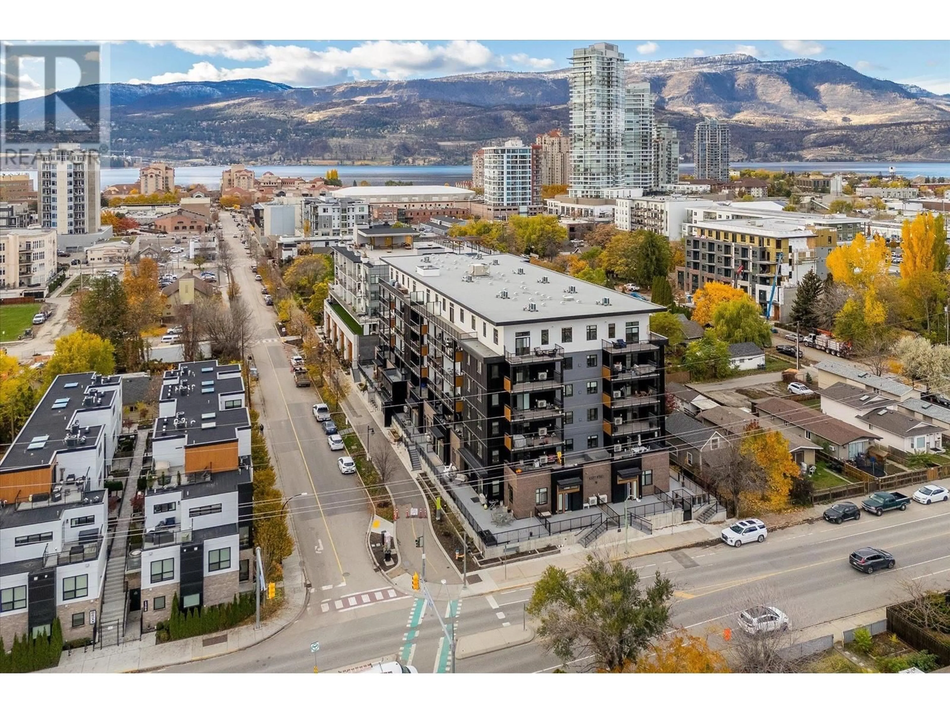 A pic from exterior of the house or condo, the view of city buildings for 660 Cawston Avenue Unit# 412, Kelowna British Columbia V1Y9M1