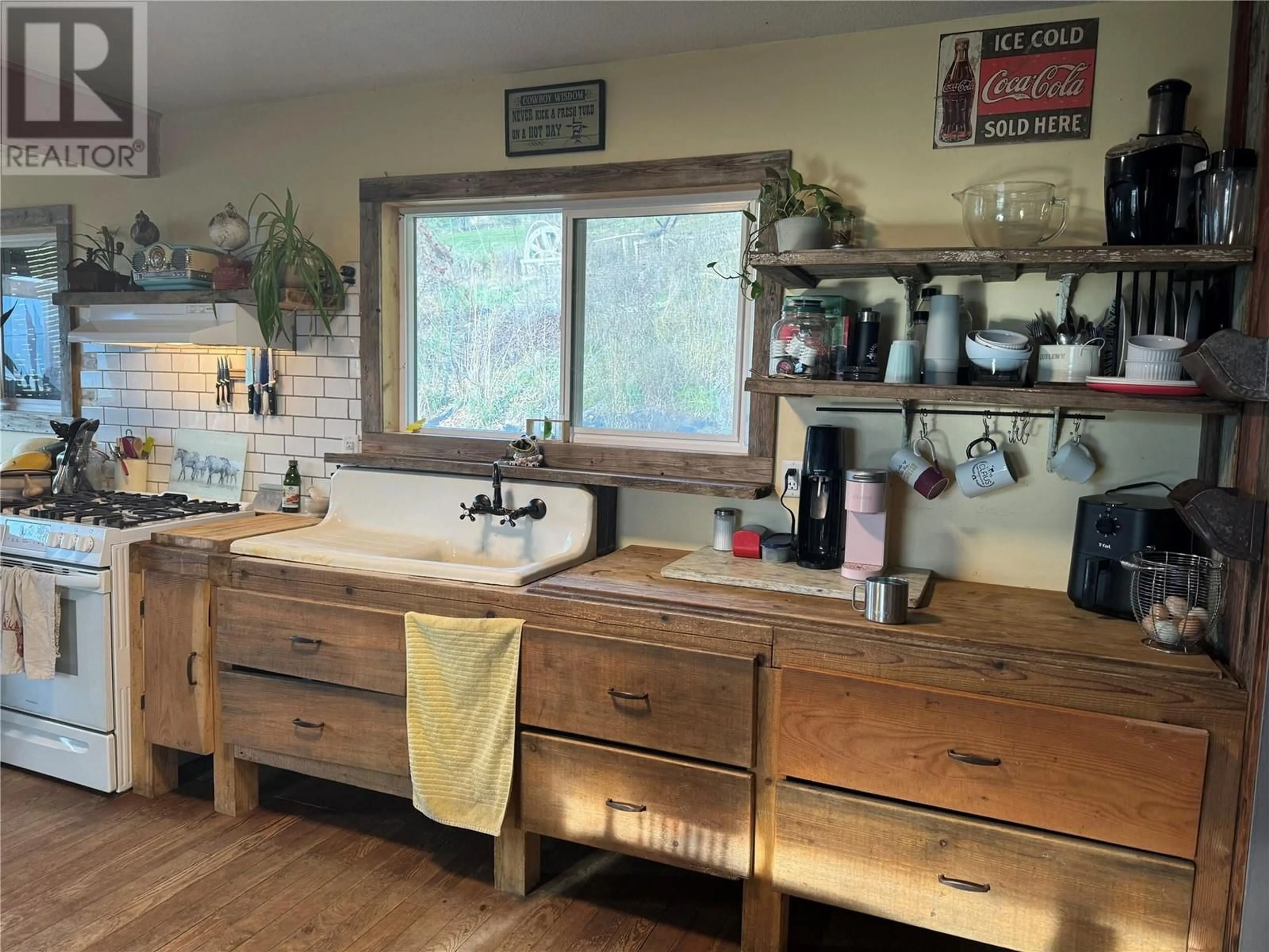 Rustic kitchen, wood floors, cottage for 4382 Hullcar Road, Armstrong British Columbia V0E1B4