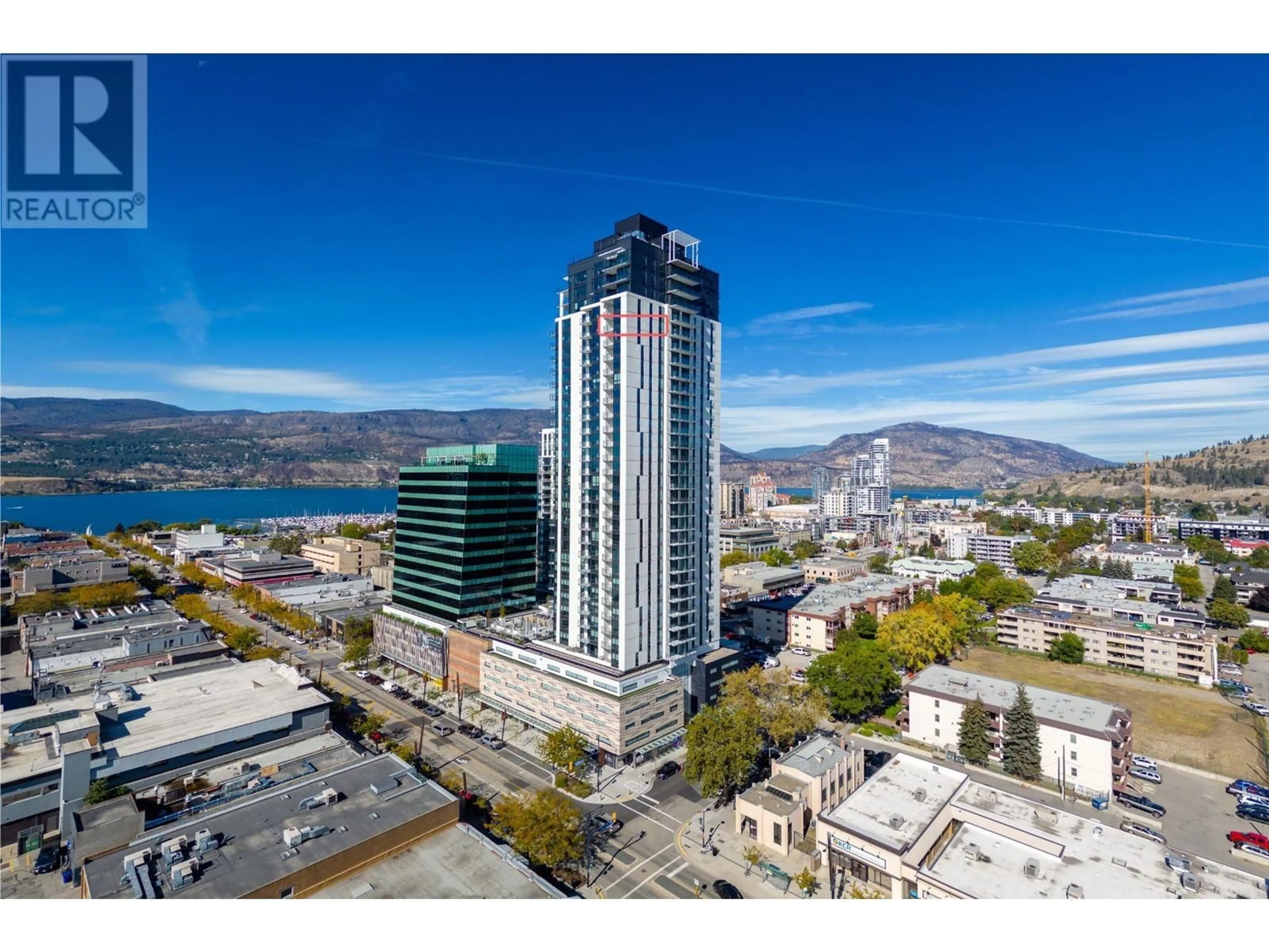 A pic from outside/outdoor area/front of a property/back of a property/a pic from drone, city buildings view from balcony for 2905 - 1488 BERTRAM STREET, Kelowna British Columbia V1Y0M6
